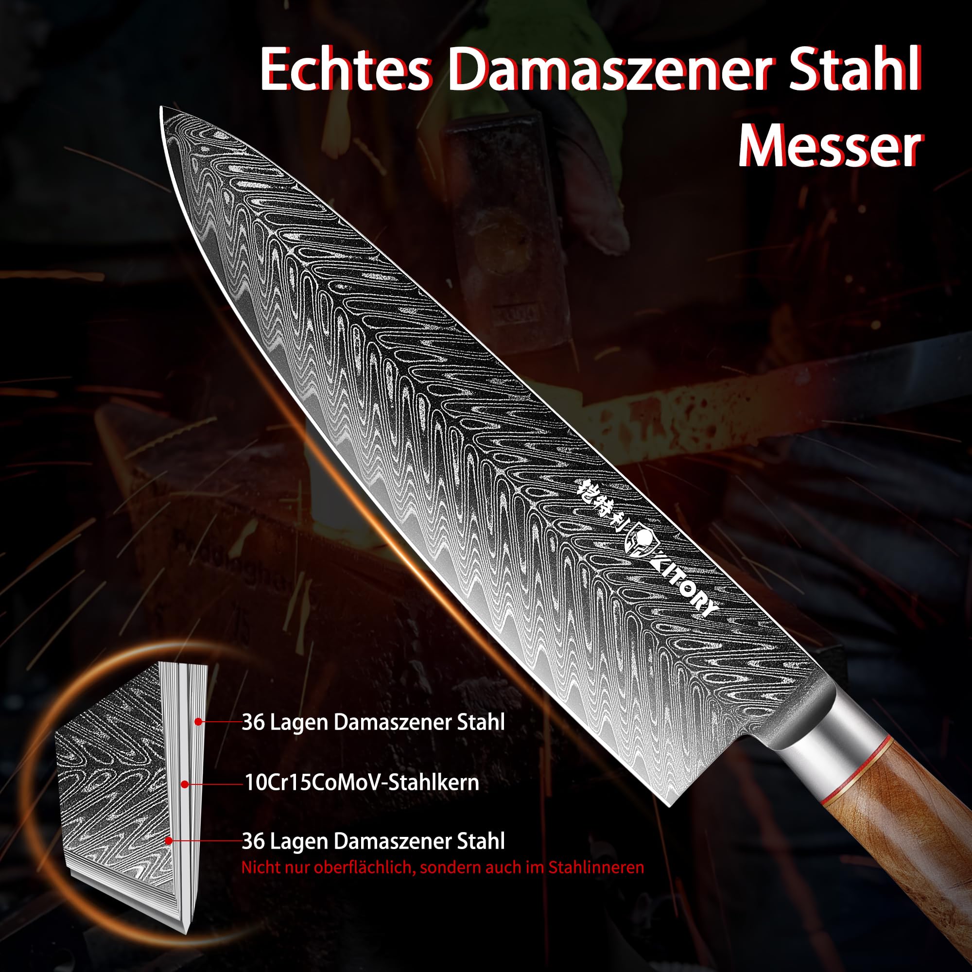 Nóż Szefa Kuchni Damasceński Kitory 20 cm Profesjonalny Nóż Kuchenny z 73-warstwowej Stali Damasceńskiej 10Cr15CoMoV z Rękojeścią z Drewna White Shadow (Biały Cień) - Seria Pro Damast