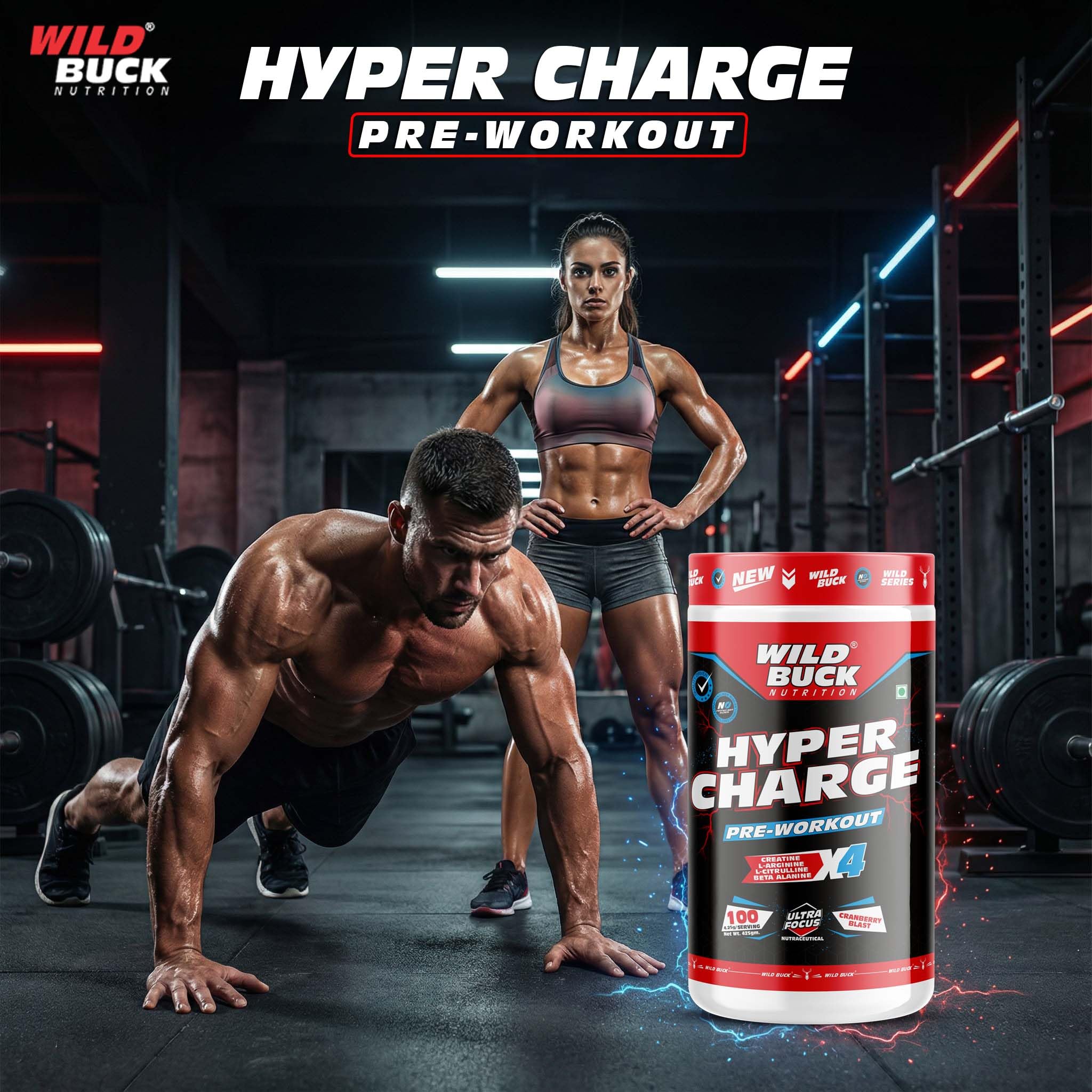 Wild Buck Hyper Charge Pre-X4 Hardcore Pre-Workout Supplement with Creatine Monohydrate, Arginine AAKG, Beta-Alanine & Muscle Pump Formula | Caffeinated Punch for Explosive Energy, Focus & Strength [100 Servings, Cranberry Blast] — Amazon image 5