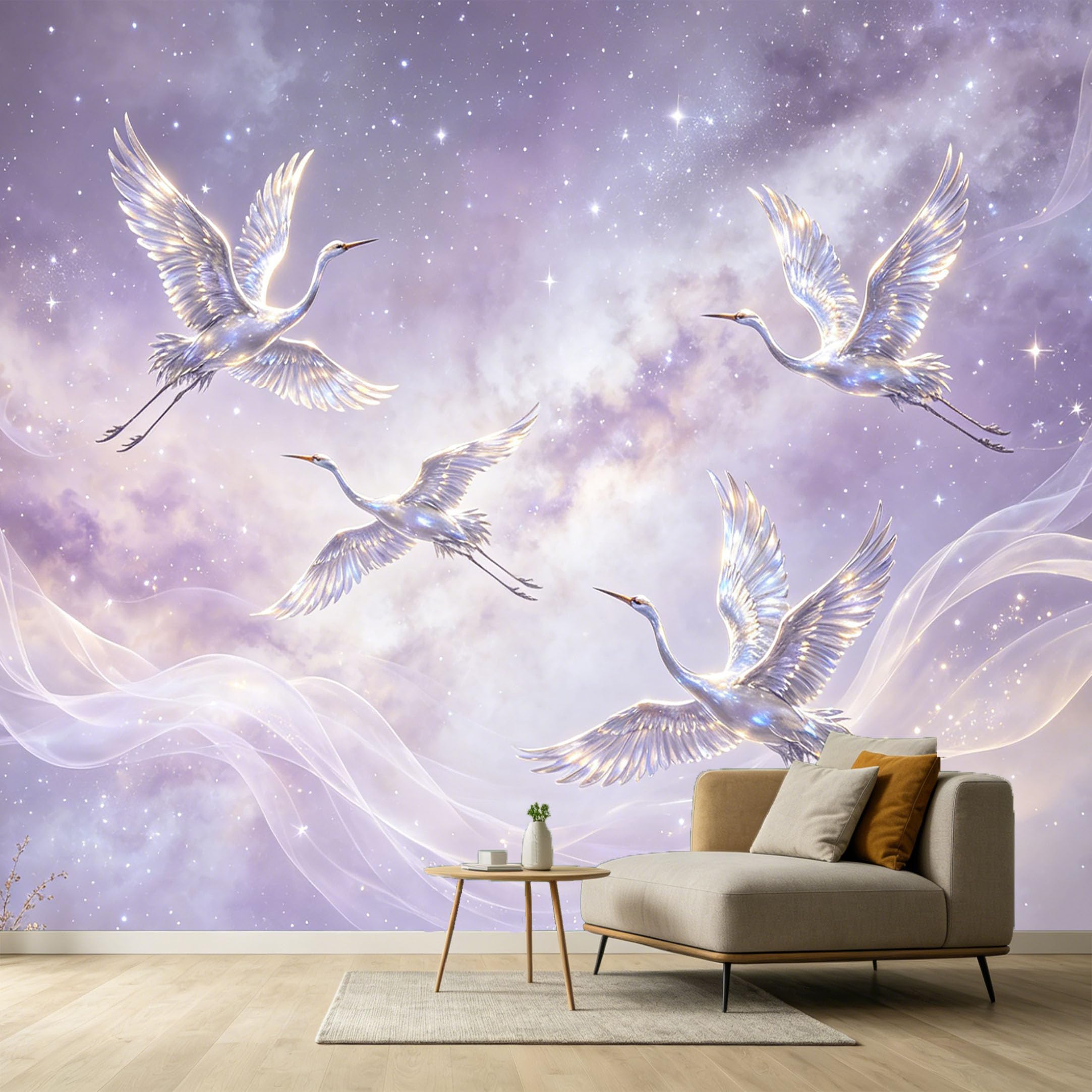 Custom Size Wall Murals Flying White Cranes Celestial Galaxy Abstract Watercolor SelfAdhesive Wall Fabric Removable Large Wallpaper for Photo Living Room