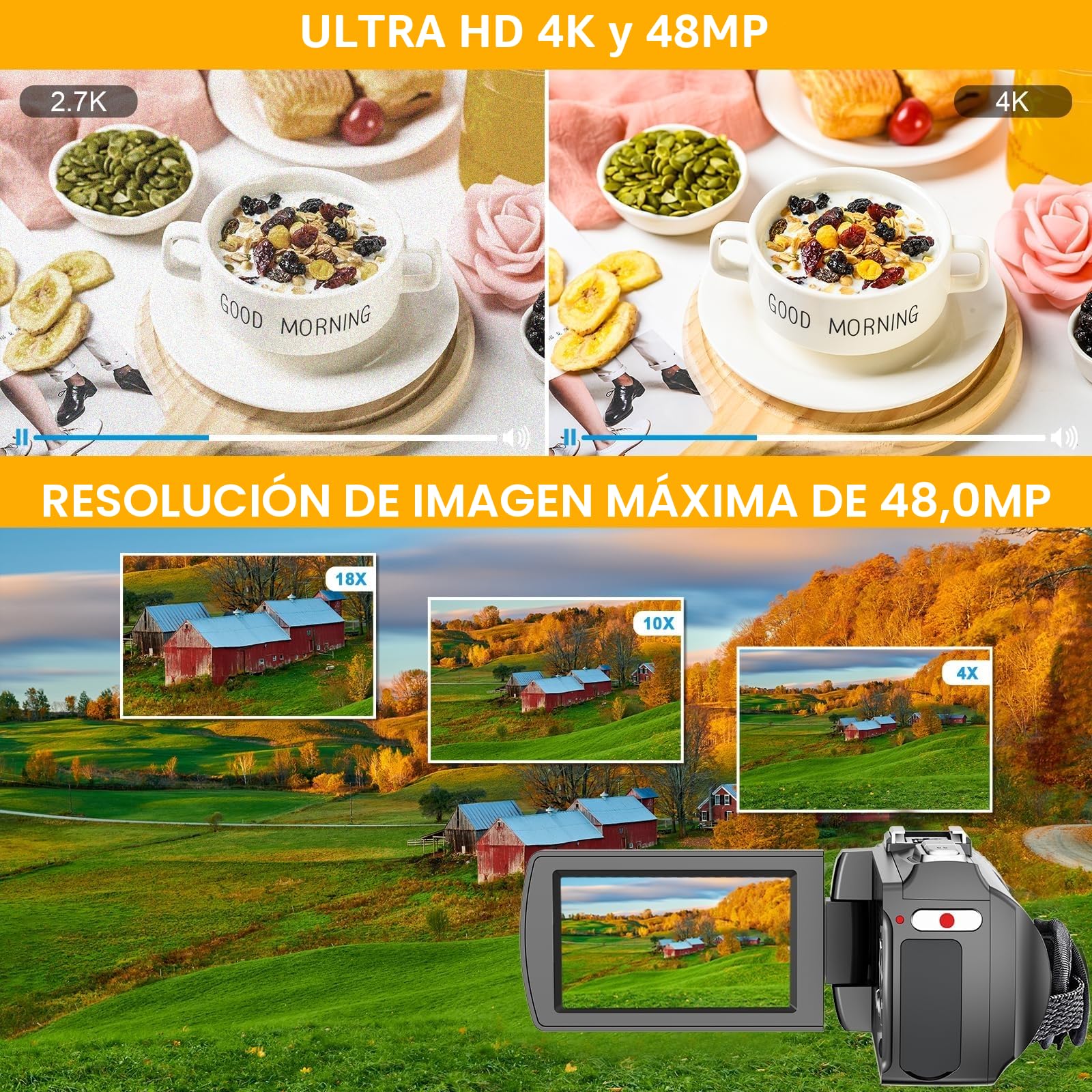 Cámara de vídeo 4K, videocámara de 48 MP y 30 FPS para YouTube, grabadora de vlogs con vídeo FHD 1080p / zoom digital 18x / pantalla IPS giratoria de 3,0'' y 270°, con mando a distancia / 2 baterías