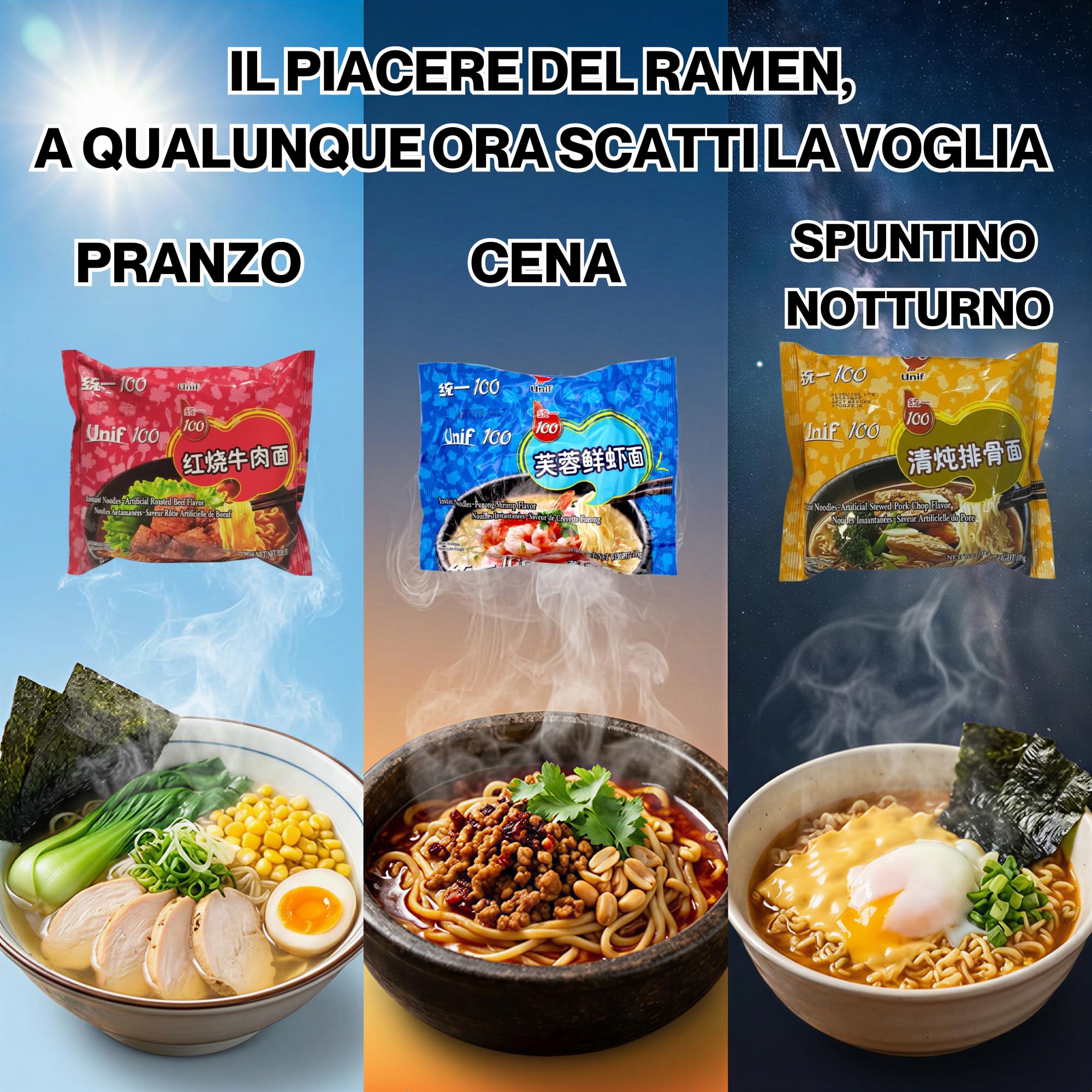 HU TASTE Kit Ramen Istantaneo UNIF Selezioni Brasate: Manzo, Costine di Maiale e Frutti di mare - Noodles Giapponesi e Cibo Cinese Pronto - Box Regalo Cucina Orientale e Asian Food - 9 Pack