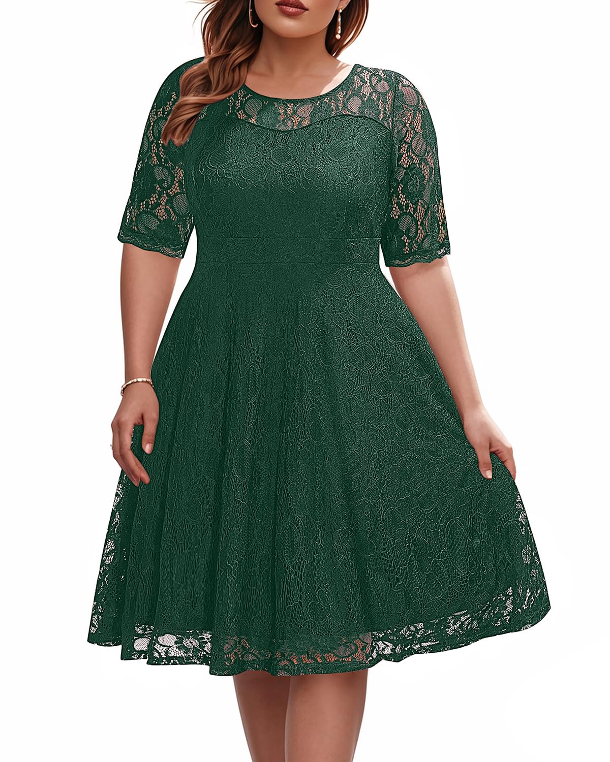 Women's Plus Size Wedding Guest Bridal Shower Semi Formal Cocktail Party Lace V Neck Midi Dress