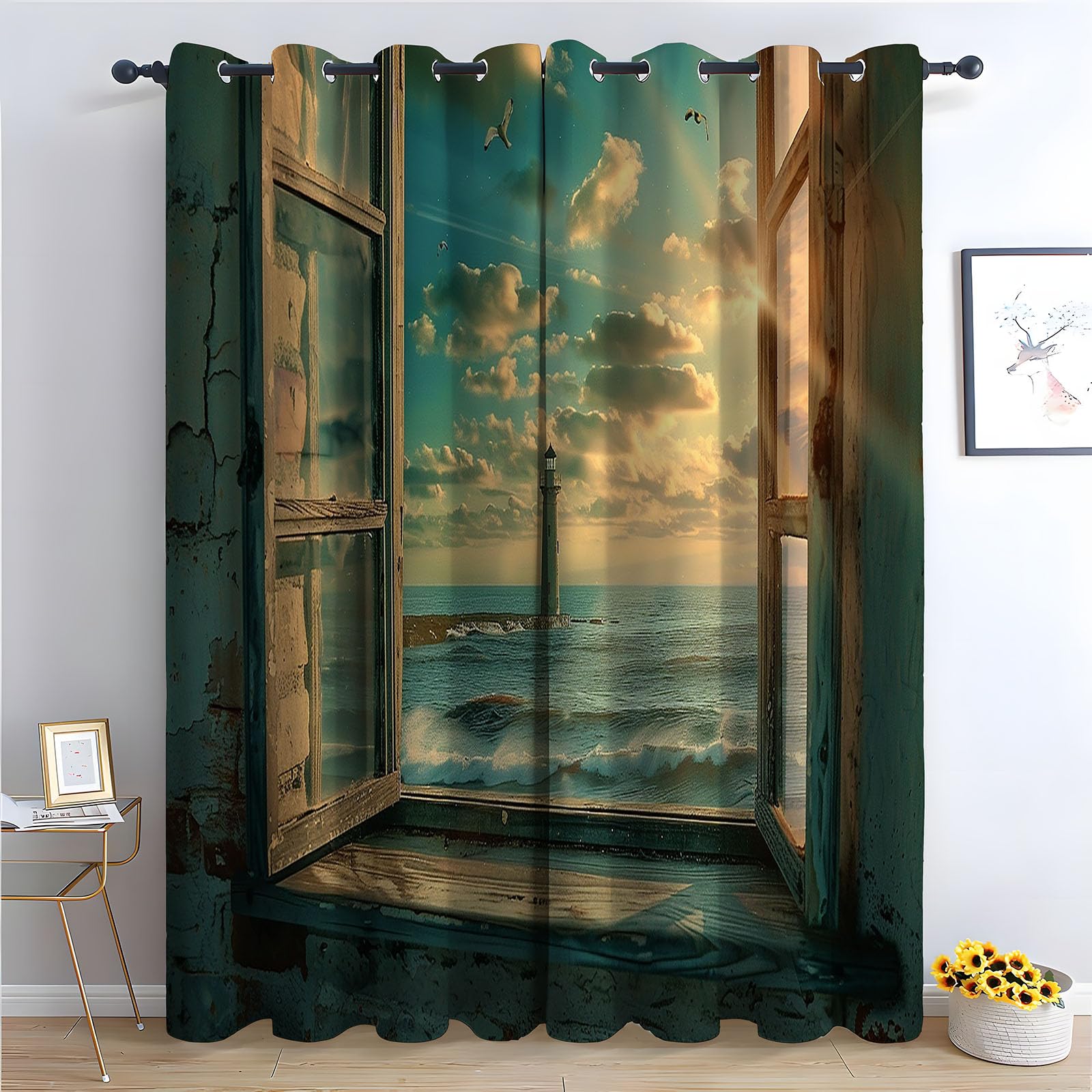 WIKEO Floral Curtains Beautiful Beach Scenery Forest Printed Room Darkening Curtain for Bedroom, Privacy Eyelet Thermal Insulated Green Curtain for Girls Room-52 W x 96" L (Pack of 2)