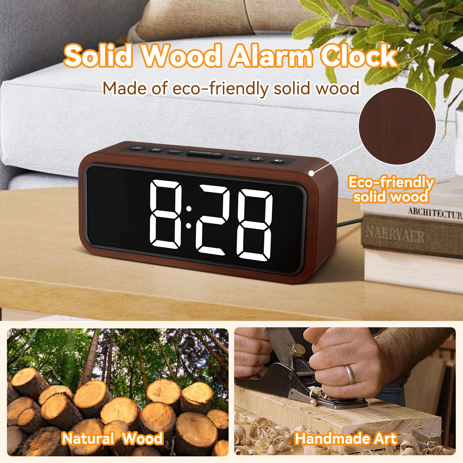 Réveil En Bois Avec Affichage LED - 12 Sonneries, 5 Niveaux Luminosité Et Volume - Design Rétro Pour Chambre