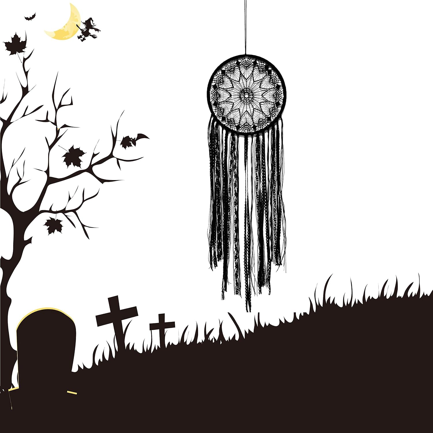 Hangdii Black Boho Dream Catcher, 10x30 inch Handmade Macrame Crochet Lace Wall Hanging Home Decor Art Bohimia Gift for Teen Kids Living Room Bedroom Dorm Nursery Marriage Wedding Christmas Holiday