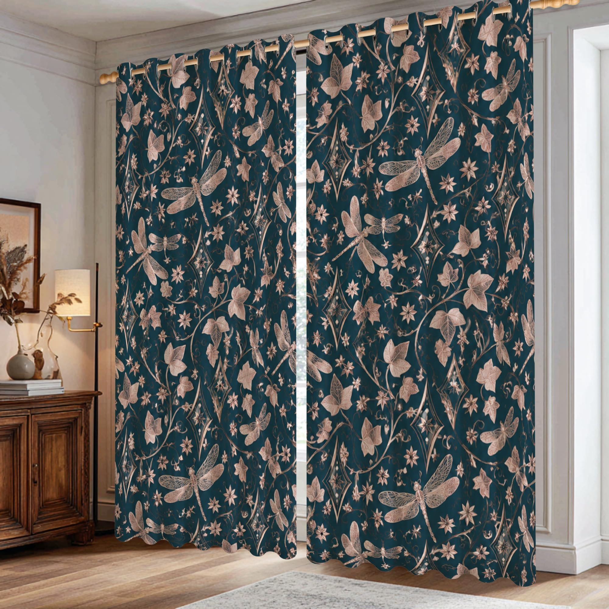 Rideaux occultants contre la lumière de chambre motif libellule fleurs bleu marine
