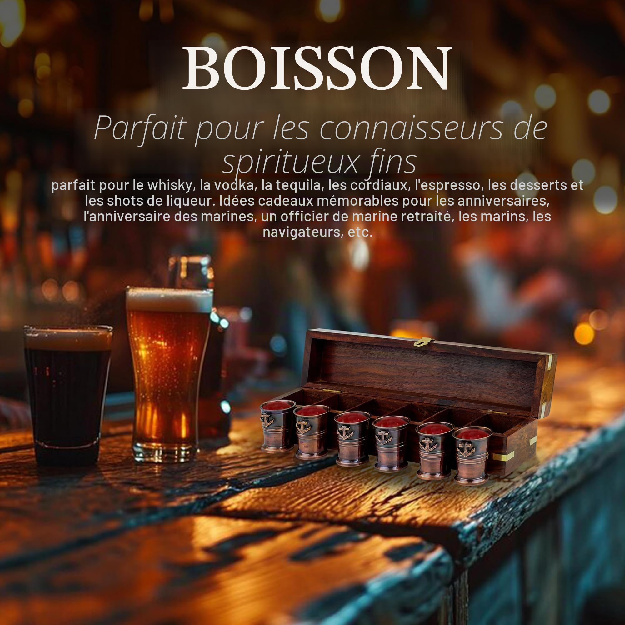 6 verres à shot avec étui en palissandre Compartiments Accessoires de rangement de bar en bois Idées cadeaux pour hommes Vaisselle