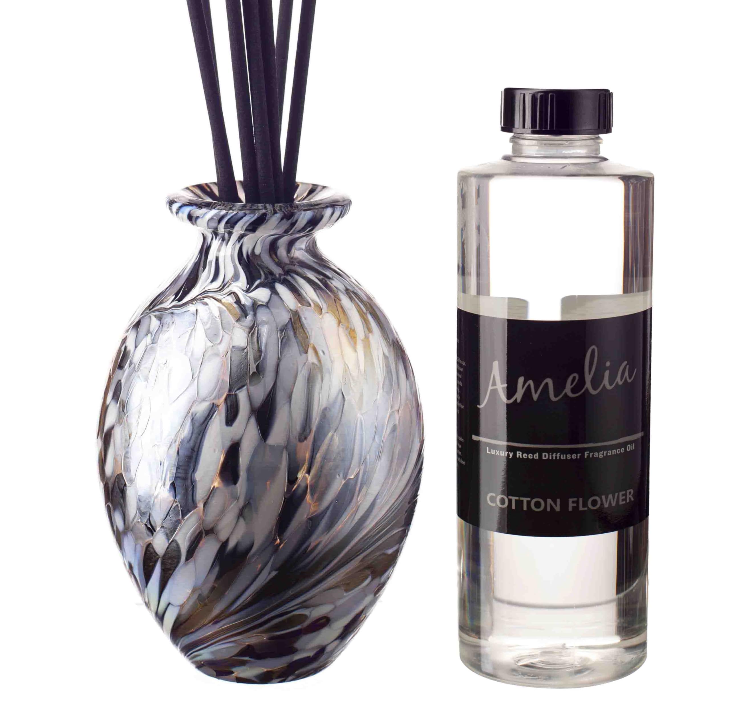 Amelia Art Glass Silver And White Mouth Blown Glass Reed Diffuser Gift Set With Cotton Flower Fragrance Oil