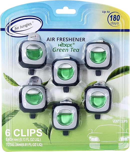 Air Jungles Green Tea Scent Car Air Freshener Clip, 6 Vent Clips, 4ml Each, Long Lasting Air Freshener, Up to 180 Days Car Refresher Odor Eliminator