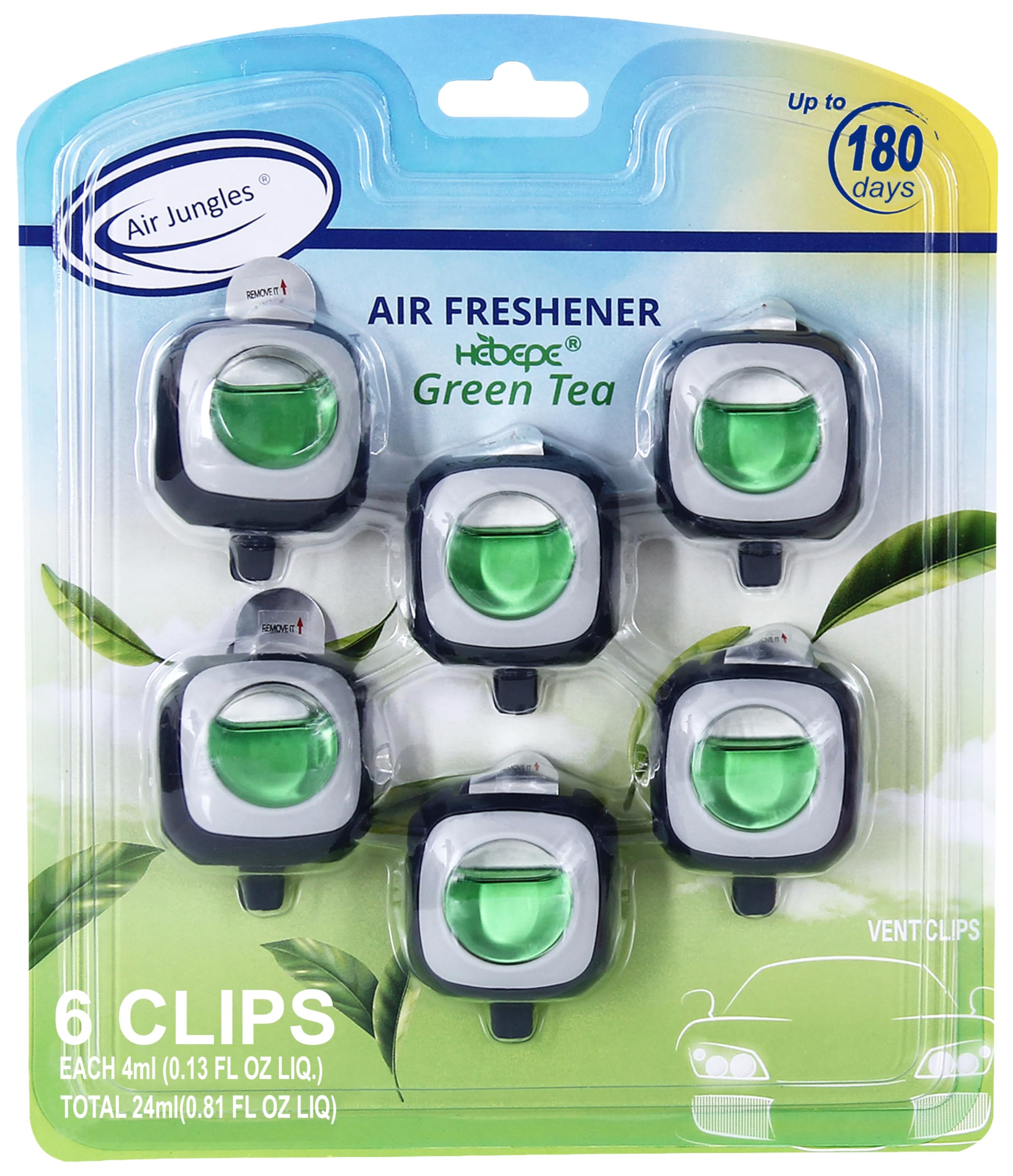 Air Jungles Air Freshener Vent Clip, 6 Vent Clip, 4ml Each, Long Lasting Up to 180 Days Car Refresher Odor Eliminator (Green Tea)