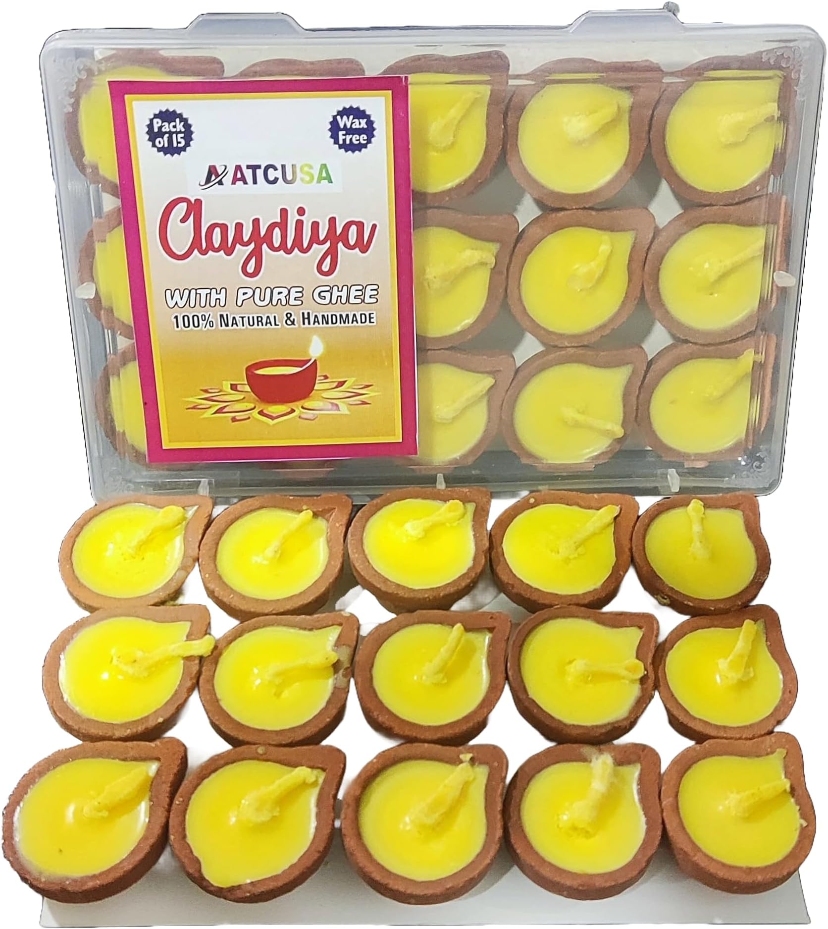 ATCUSA Nitya Poojan Clay Diya | Mitti Diya Filled with Clarified Butter Ghee | Burning Time Upto 30 min| Handmade Wax Free Diya for Pooja Festivals & Religious Rituals | Mandir Decor Diwali | (15)