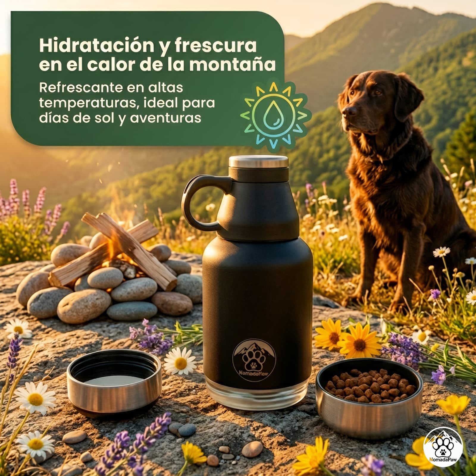 Botella de Agua para Perros 1L de Acero Inoxidable – Bebedero Portátil Térmico con Comedero y 2 Tapas – Incluye Funda Neopreno, Dispensador de Bolsas y Cepillo – Accesorio de Viaje 4 en 1| NomadaPaw