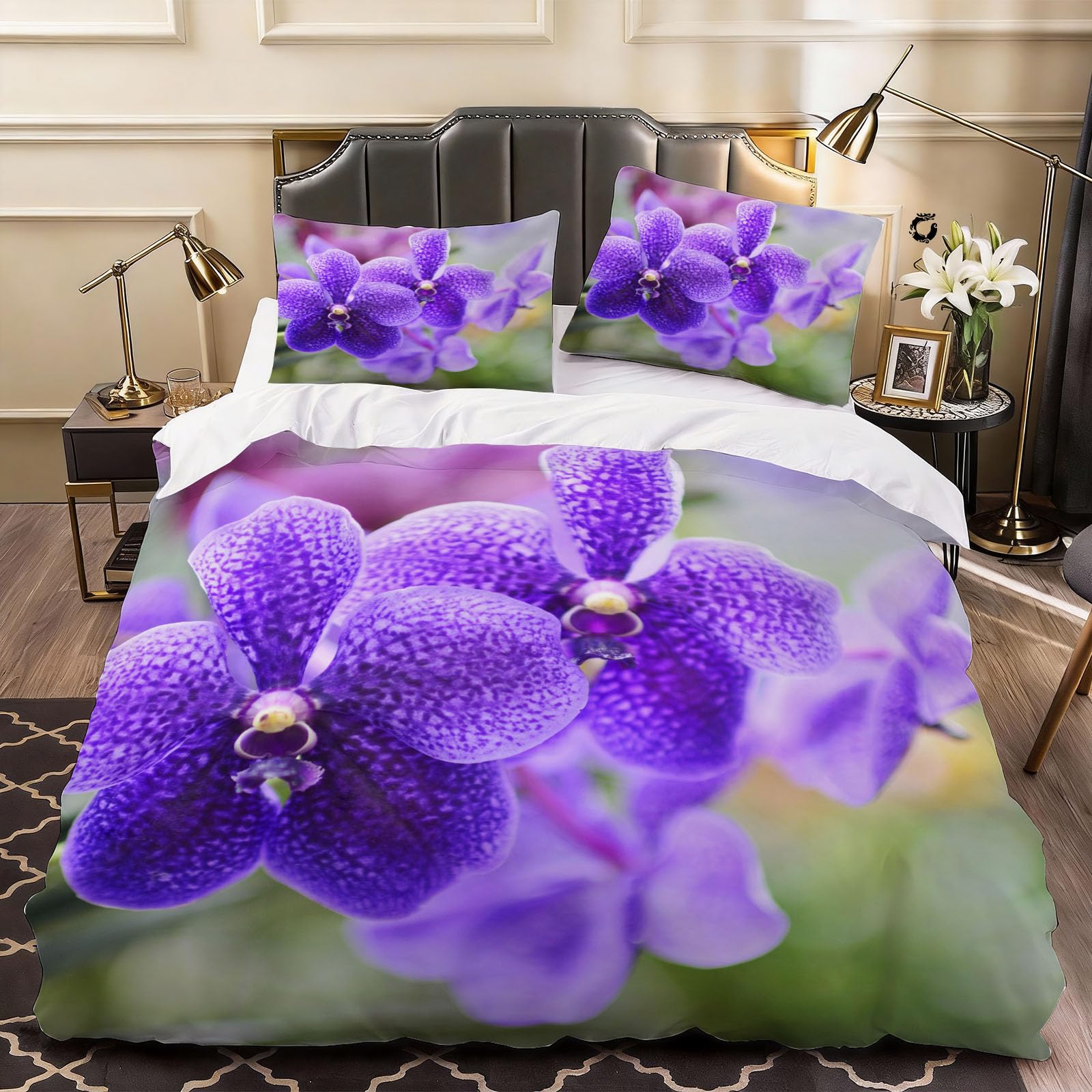 3D Orchid Duvet Cover Orchid Bedding Single Bed Set, Soft Microfiber Comforter Cover Printed with Zipper Closure Quilt Coverr 135x200 cm and 2 Pillowcases