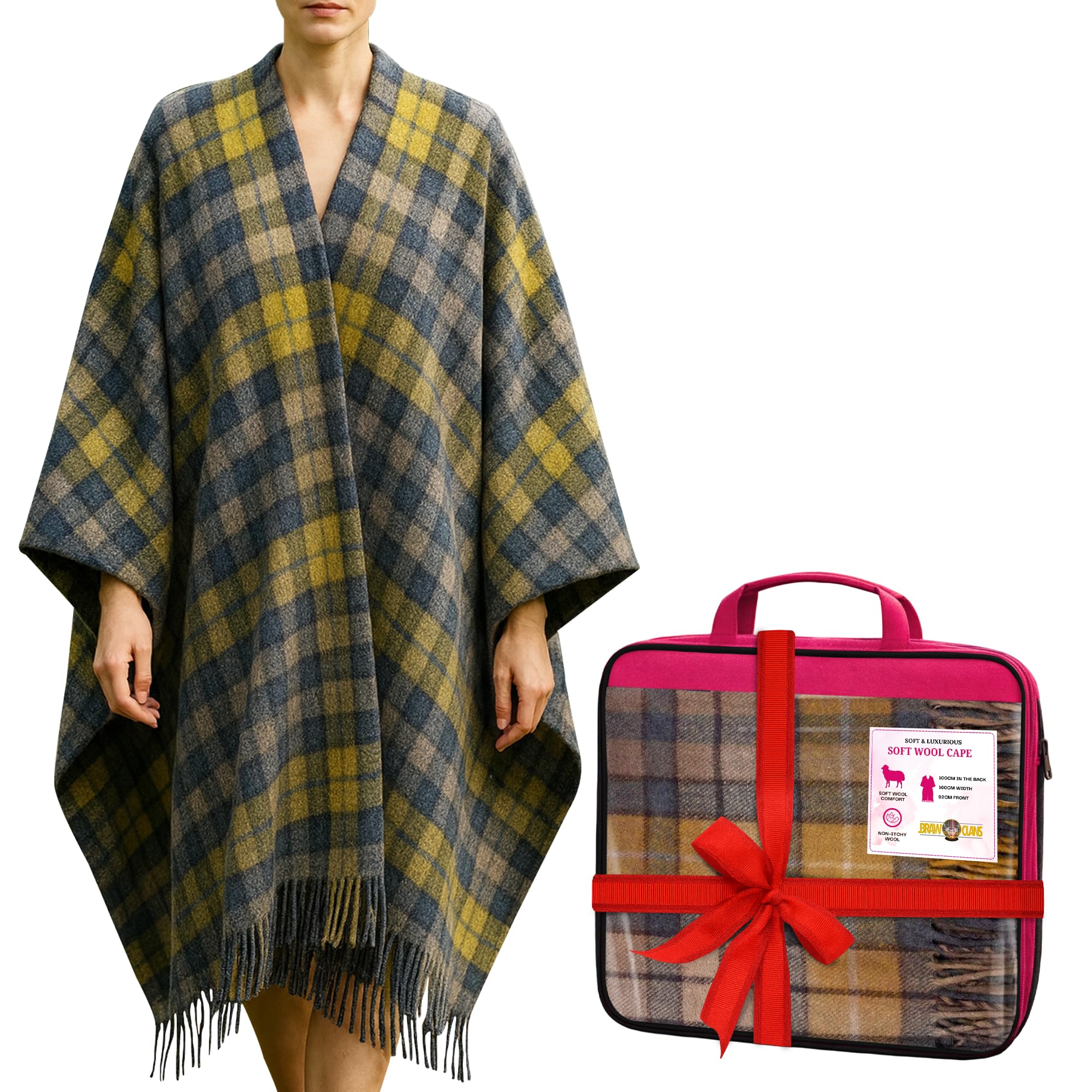 Braw Clans Tartans Women's Buchanan Natural Soft Wool Tartan Poncho Blanket Cape Made In Scotland - Ruana Cloak Style - Full Body Shawl - Mothers Day Gift - Home, Travel, Camping - Tartan