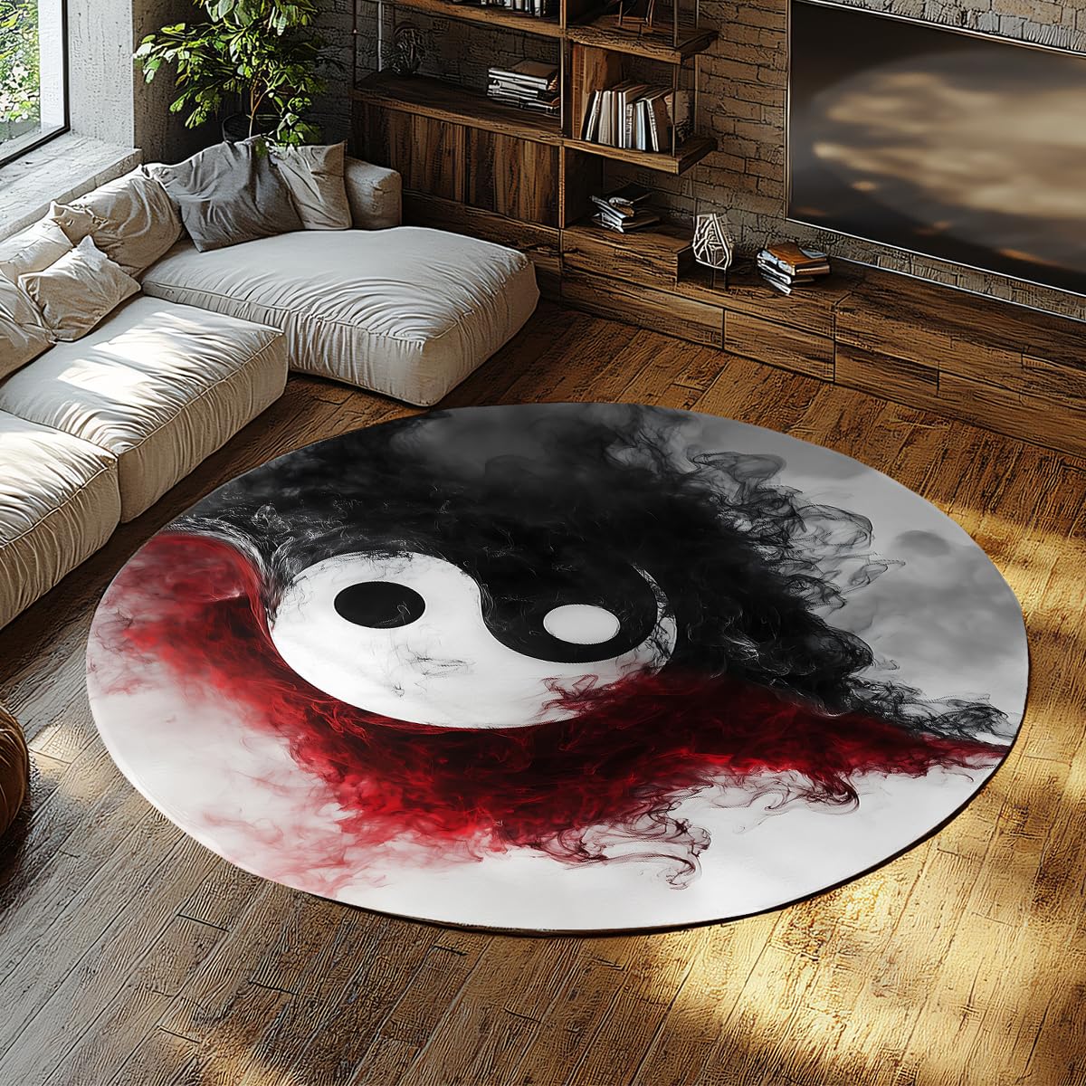 Antypoślizgowy 120 cm Okrągły Dywan Salon Mistyczne Symbole Yin Yang Dywany Miękkie Koło Fantasy Abstrakcyjny Wzór Tai Chi Niskie Włosy Dywan Czarny Czerwony Zmywalny Sypialnia Pokój Dziecięcy
