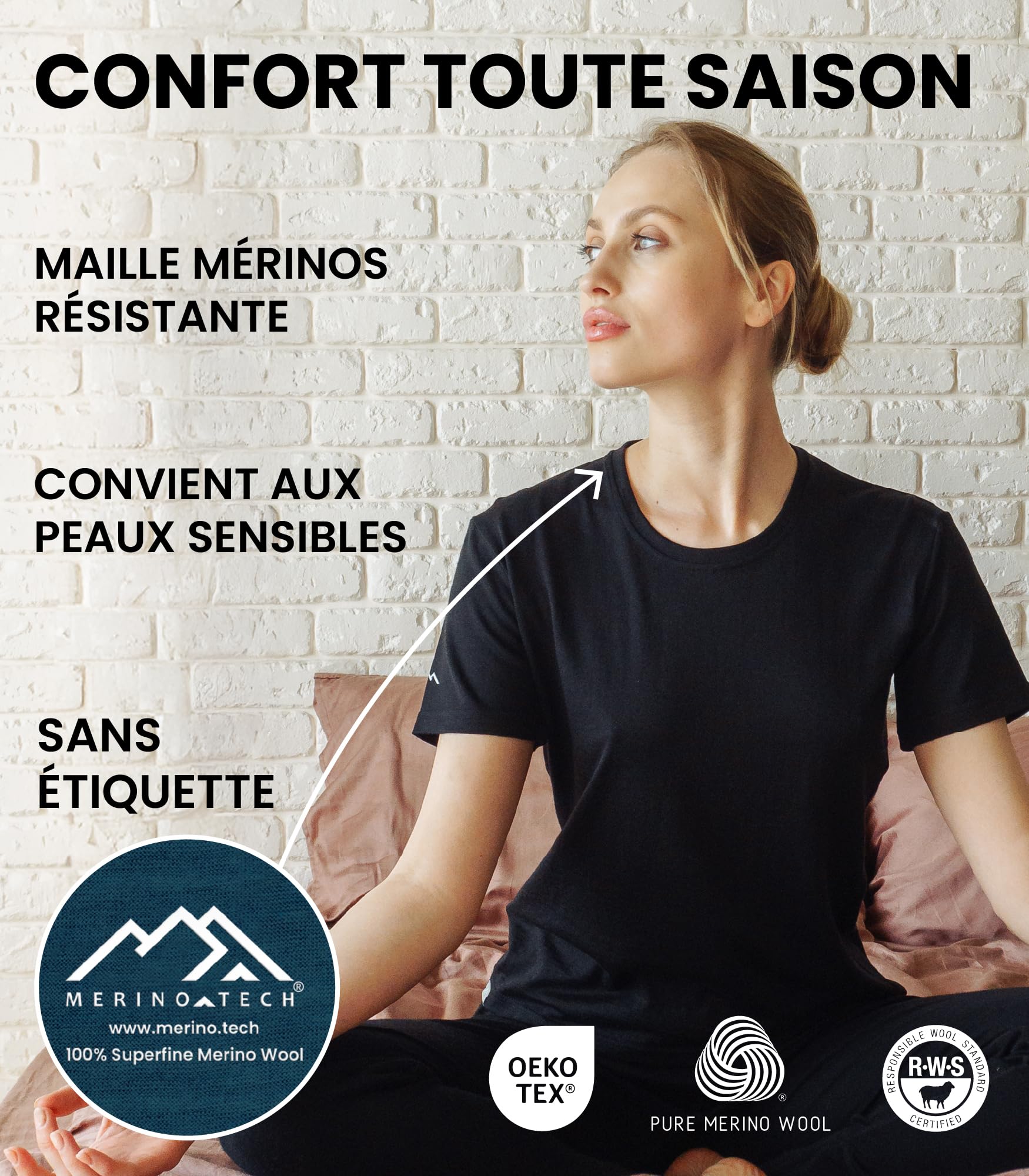 Merino.tech T Shirt Merinos Femme - Laine Merinos Chemise Femme + Chaussettes de randonnée en Laine Mérinos (Large, Creamy White V-Neck)
