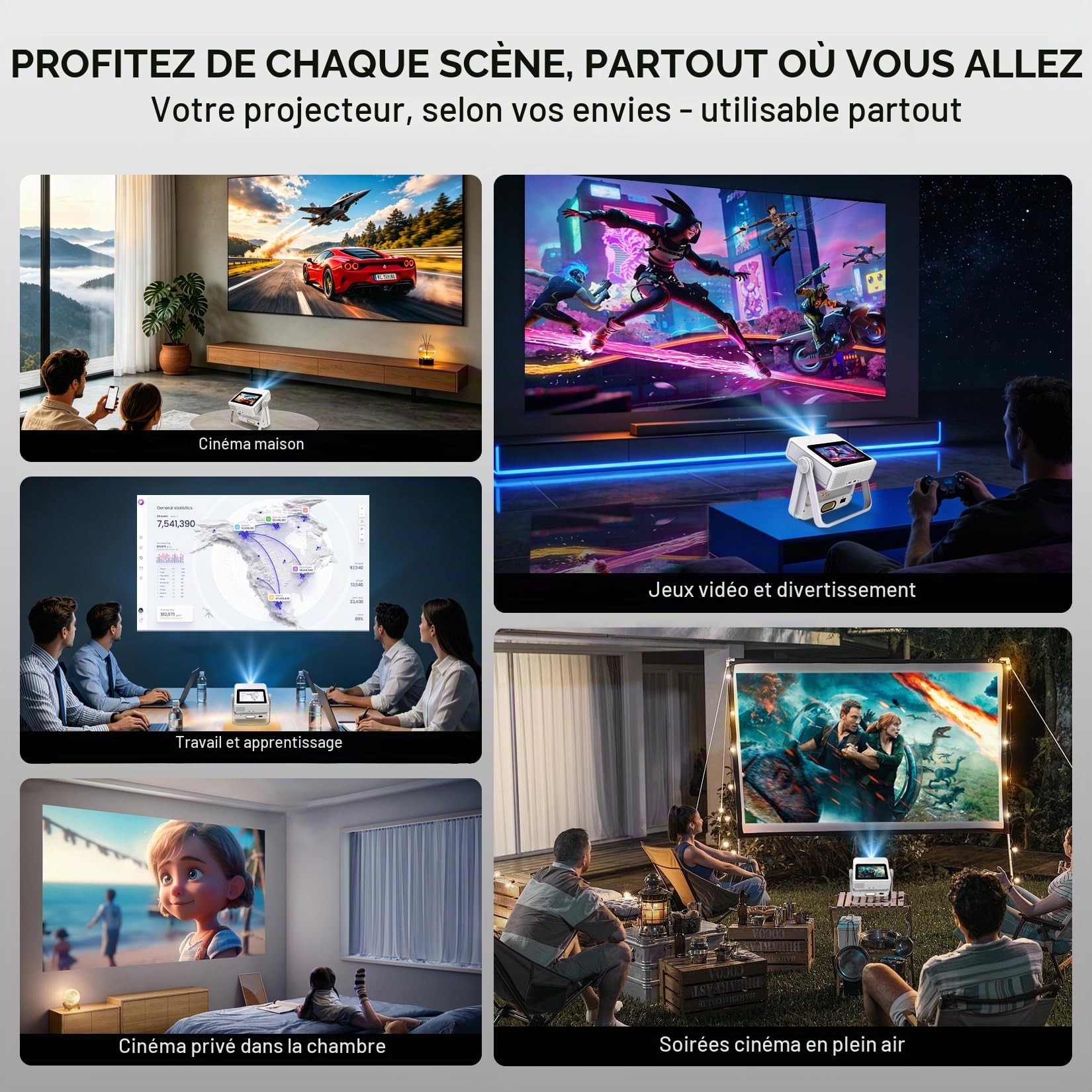 Vidéoprojecteur 4K Supporté, Projecteur Full HD 1080P avec Écran Tactile, Double Écran, WiFi 6 Bluetooth 5.4, 1200 ANSI, Autofocus & Keystone Auto, Rotation 180°, Audio 25W, Apps intégrées