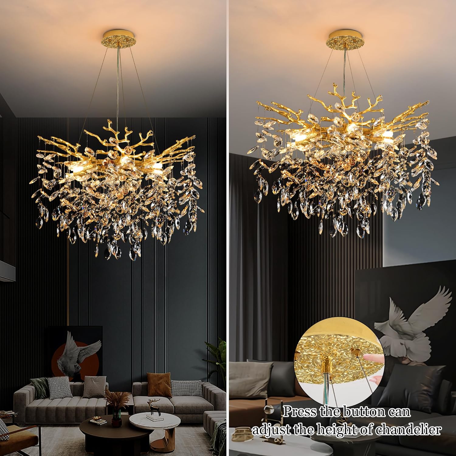 Modern Crystal Tree Branch Chandelier, D23.7'' Round Gold Raindrop Indoor Hanging Ceiling Lighting Fixture for Dining Room Living Room Bedroom Foyer 8 Lights