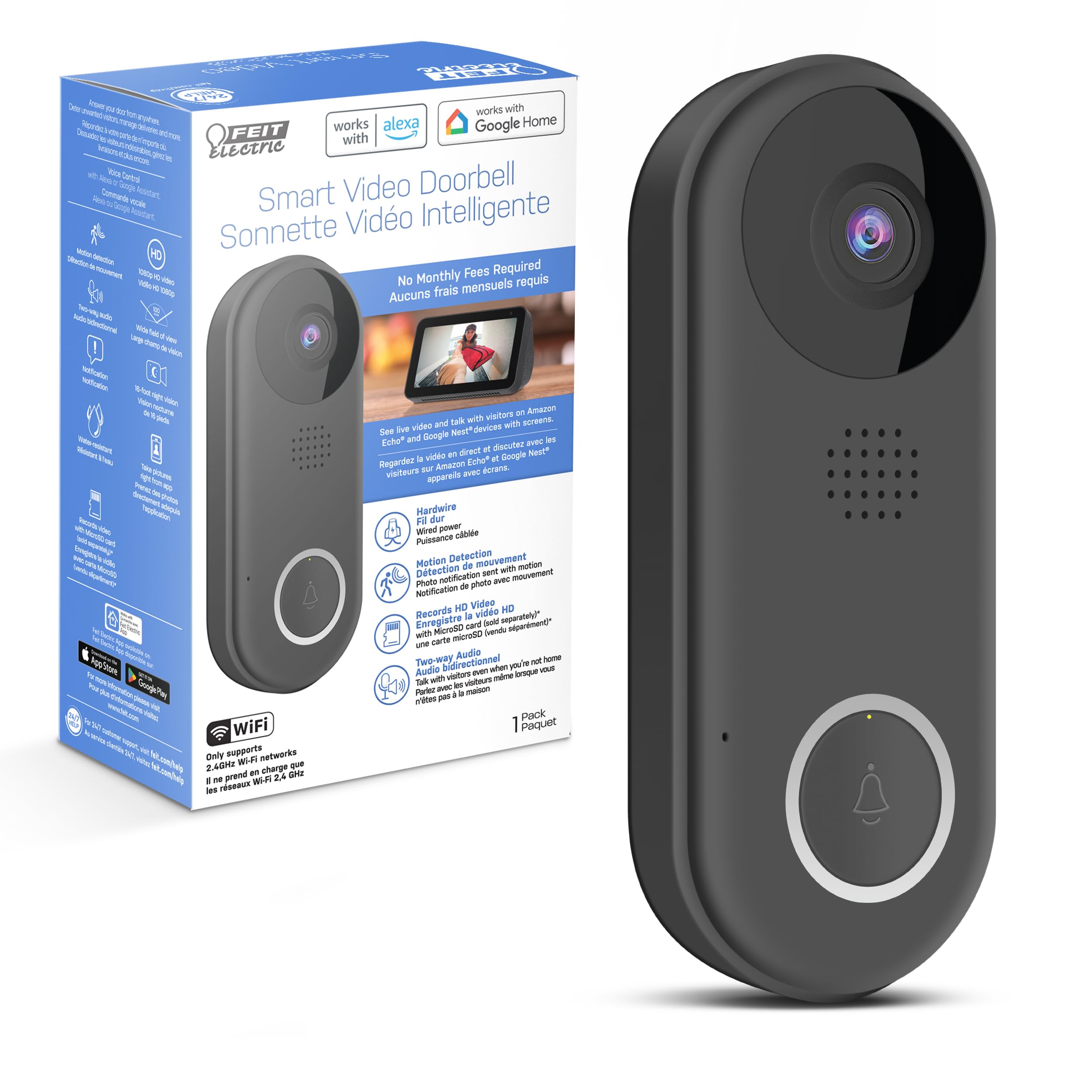 Feit Electric Doorbell Camera, 2.4 GHz WiFi, No Hub, Two-Way Audio, Motion Detection, Night Vision, 1080p HD, Micro SD Card Storage, Wireless Chime Included, Hardwired, CAM/Door/WiFi