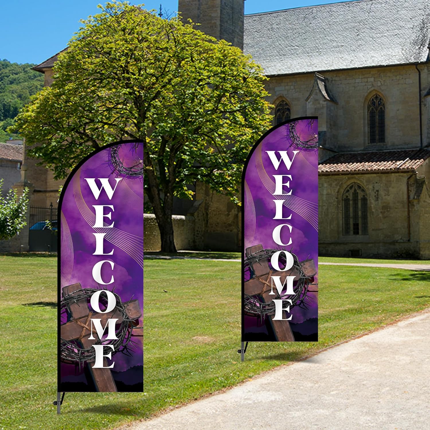 2 Sets Church Sign Feather Flag for Businesses Church Welcome Swooper Banner Sign with Carbon Fiber Pole and Ground Stake Portable Bag Open Advertising Flag Banner for Business Advertising Outside