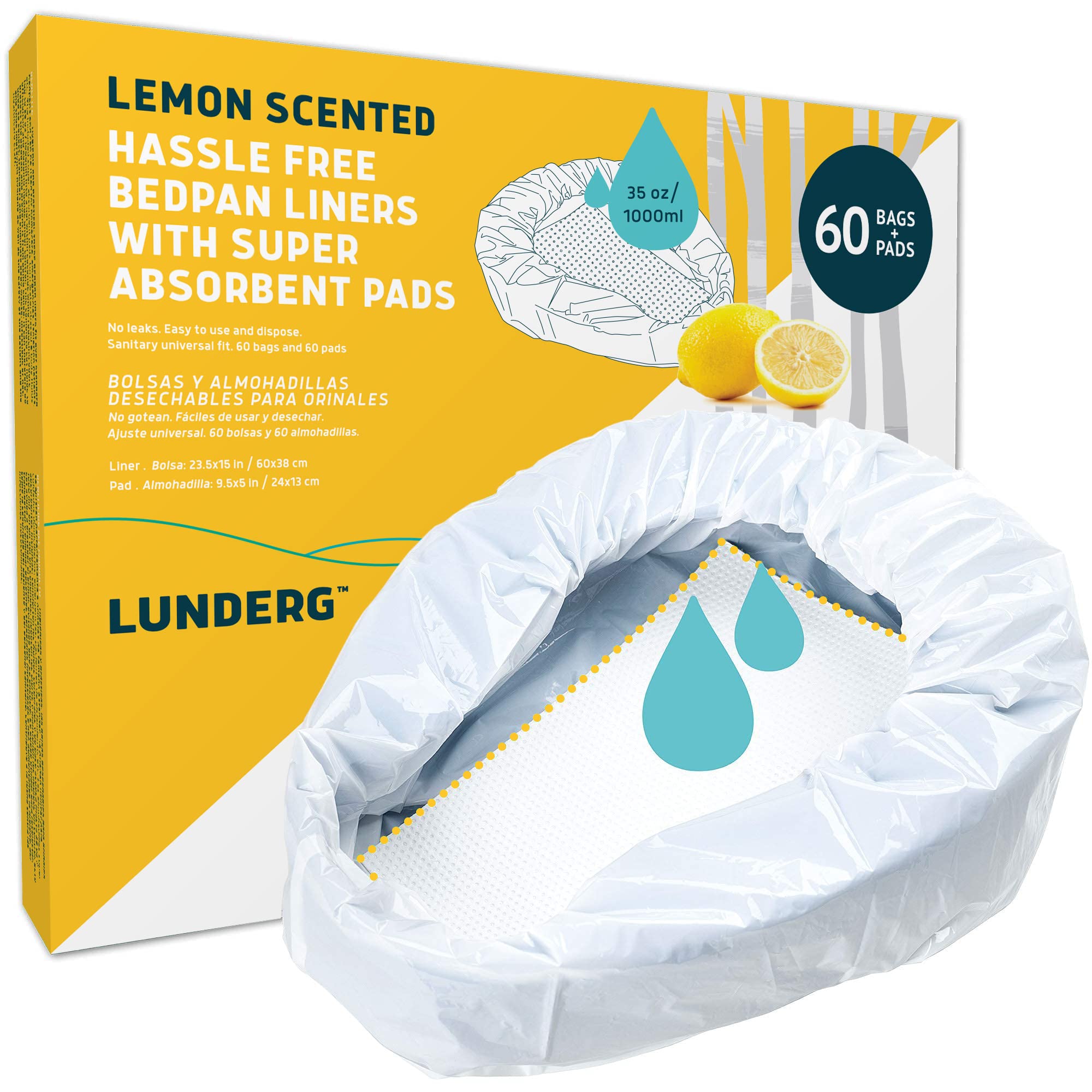 Lunderg Bedpan Liners with Lemon Scented Super Absorbent Pads - Value Pack 60 Count - Medical Grade & Universal Fit - Bed Pans for Females, Elderly