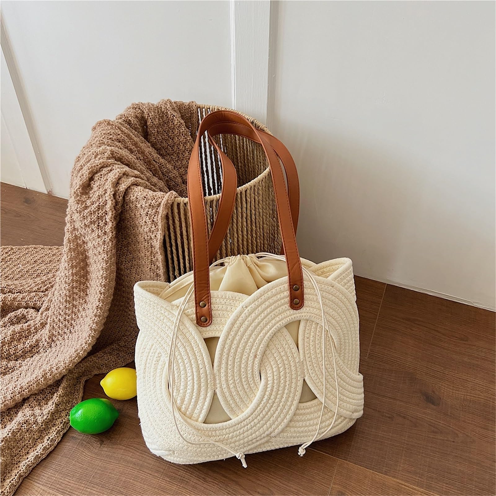 bolso mujer verano Bolsos de hombro geométricos for mujer, algodón y lino, gran capacidad, con cordón, bolso compras