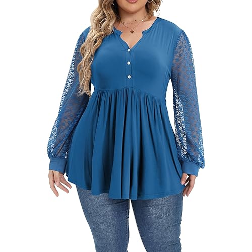 ALLEGRACE Women's Plus Size Henley V Neck Button Tunic Tops Long sleeve Swing Flowy Shirts