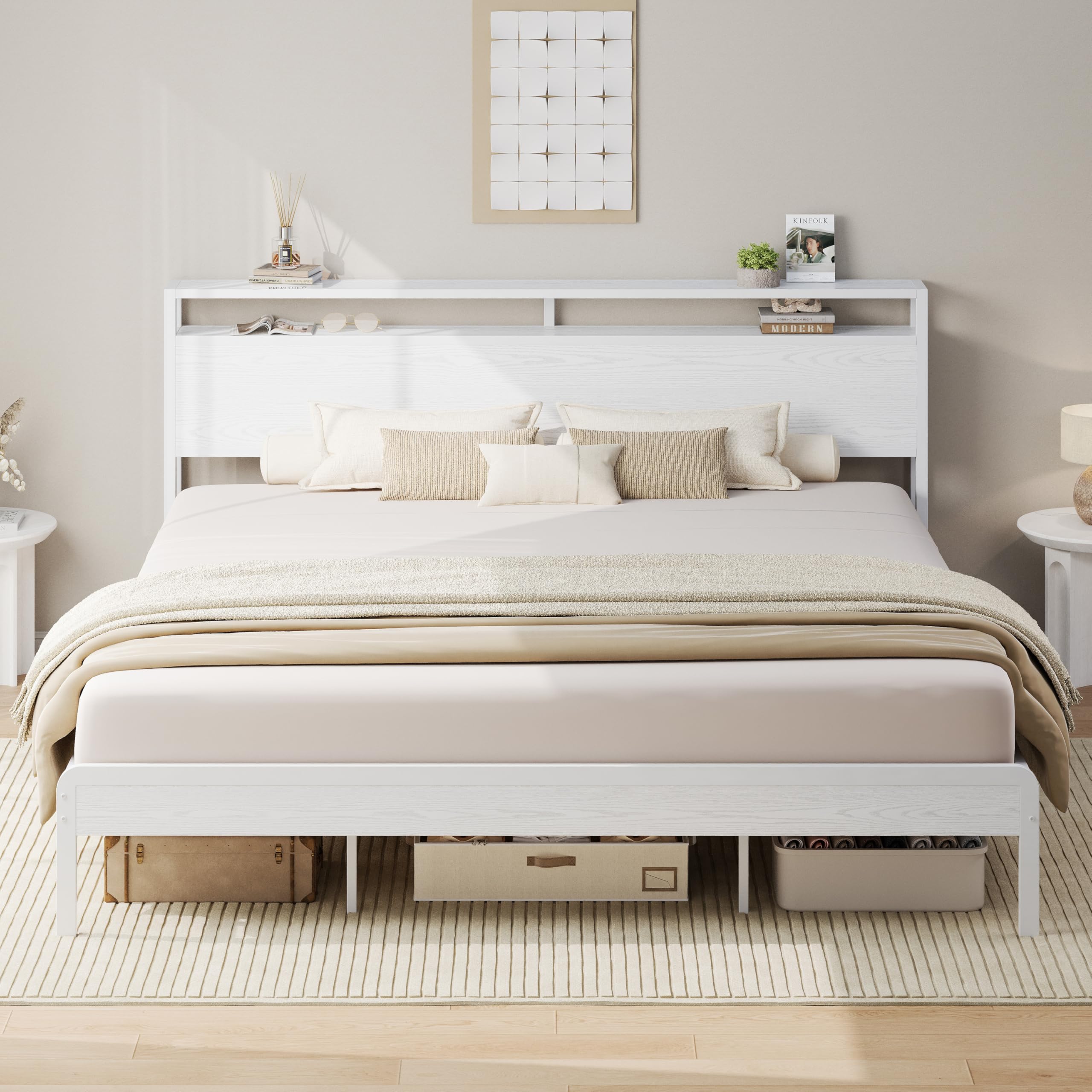 LIKIMIO California King Bed Frame with Headboard, Wood Camas California King with Strong Supports, Sturdy, Noise-Free, No Box Spring Needed, White