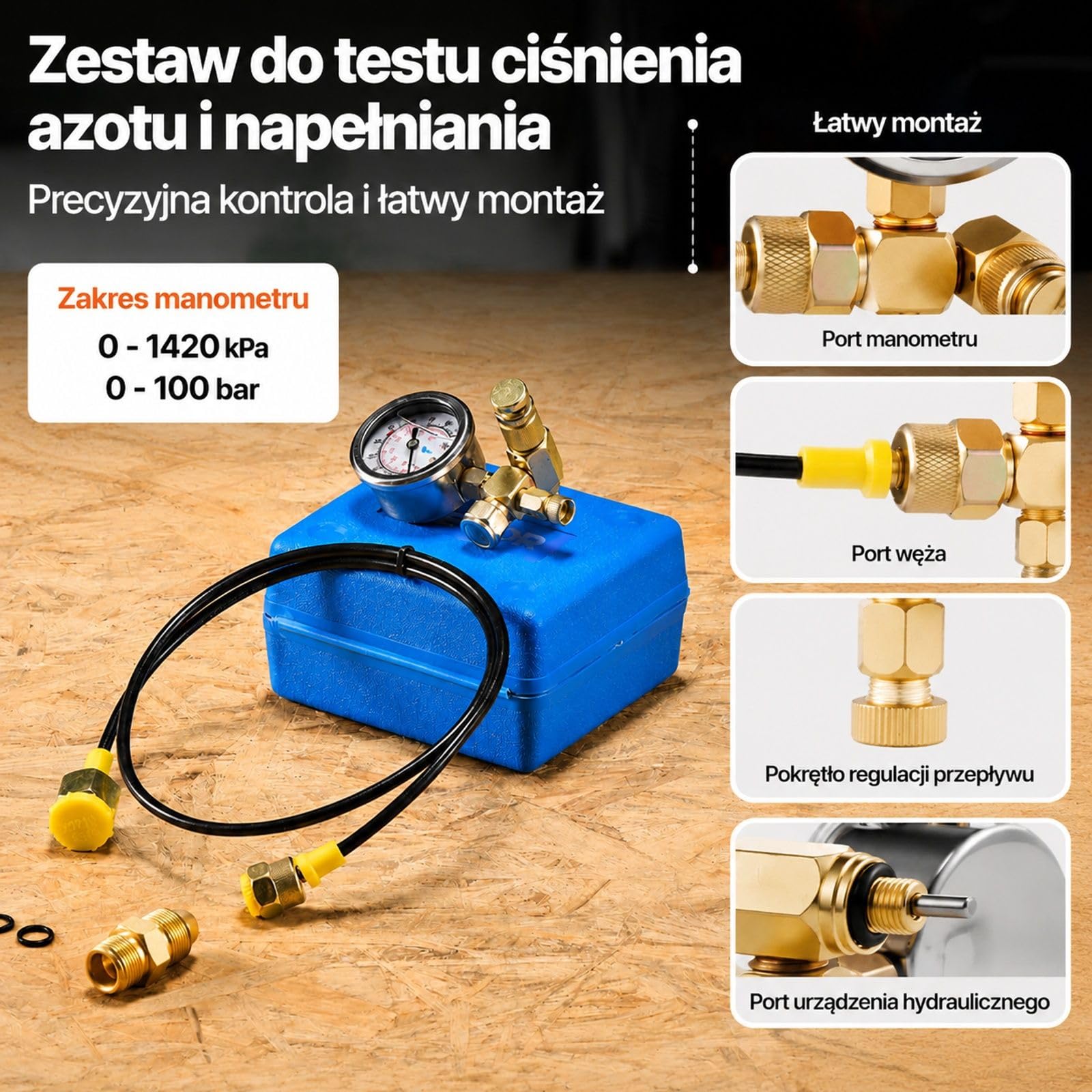 Zestaw do napełniania hydraulicznego akumulatora azotem, system testowania ciśnienia 0–1420 PSI z 1 manometrem, 1 wężem gazowym, 1 korpusem zaworu i 1 adapterem CGA580 do maszyn budowlanych