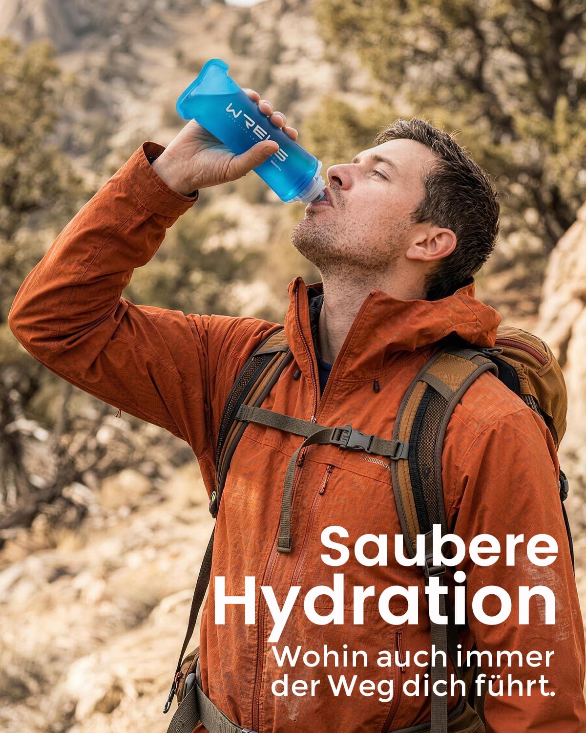 WRELS Faltbare Wasserfilterflasche – 500 ml Ultraleichte Soft Flask mit Filter,Wasserfilter Outdoor für Camping, Wandern, Backpacking und Trailrunning