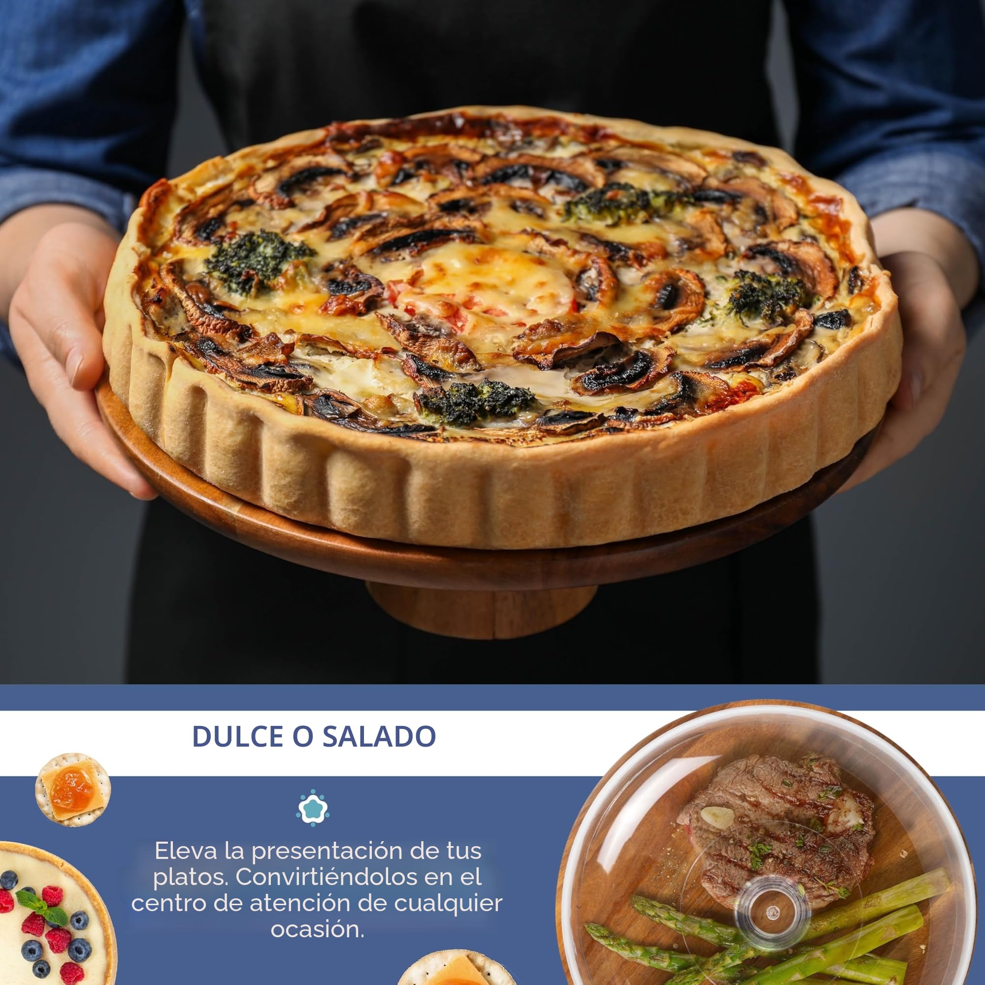 HEFTMAN Soporte para tartas de 10 pulgadas con tapa de cúpula – Soporte de exhibición antideslizante 2 en 1 de madera de acacia con cubierta de cúpula acrílica transparente para pasteles, pasteles
