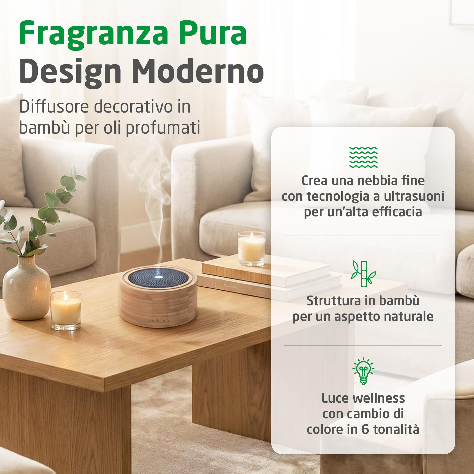 medisana | AD 625 | Diffusore d'aromi | Bambù | Fresco per ambienti | Deodorante aria | Lampada profumata con timer | Fragranza ambiente elettrico | Oli essenziali | Luce wellness in 6 colori | 100 ml