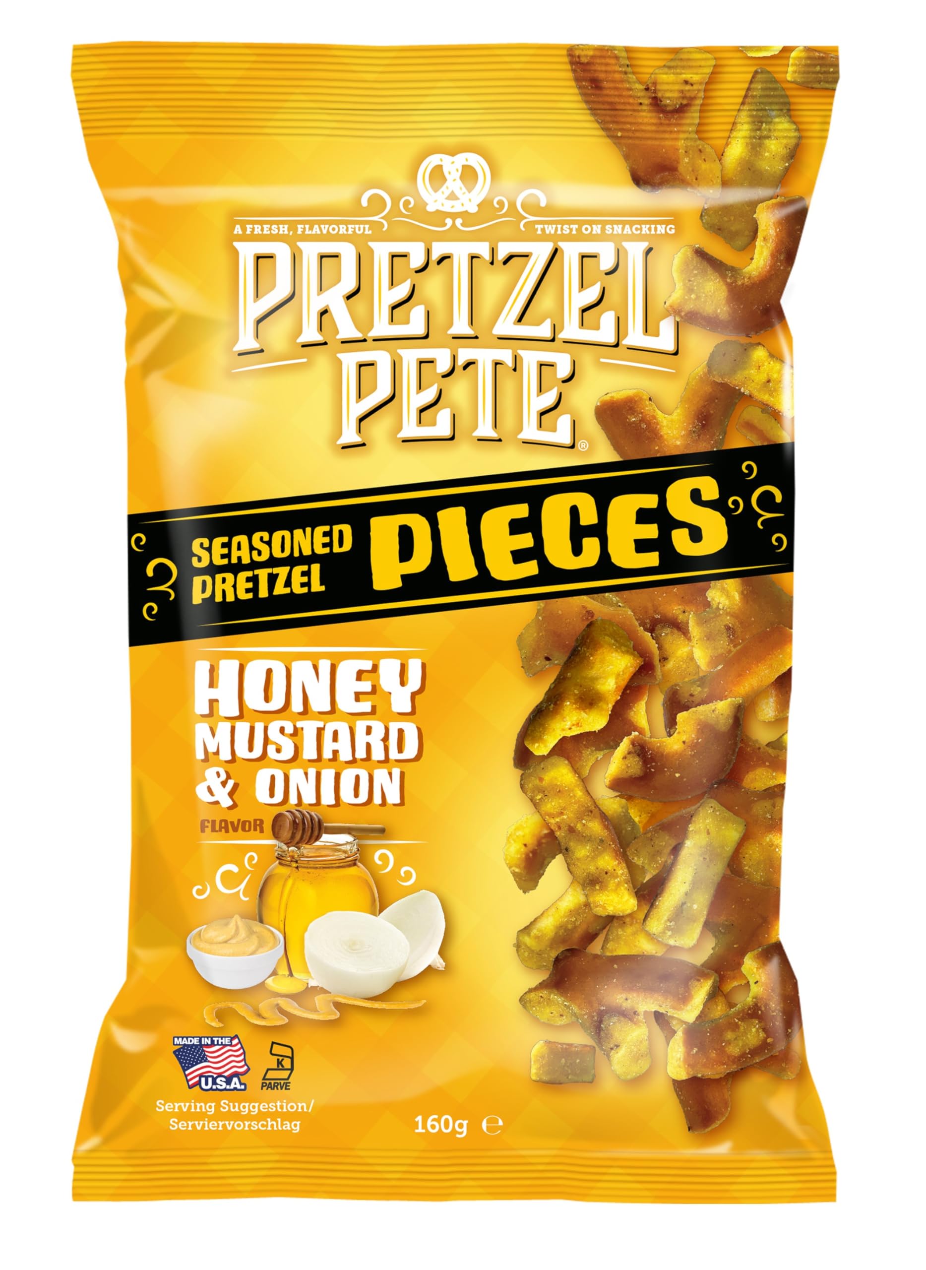 Pretzel Pete Honey Mustard & Onion pretzel con sabor a mostaza de miel y cebolla 160g