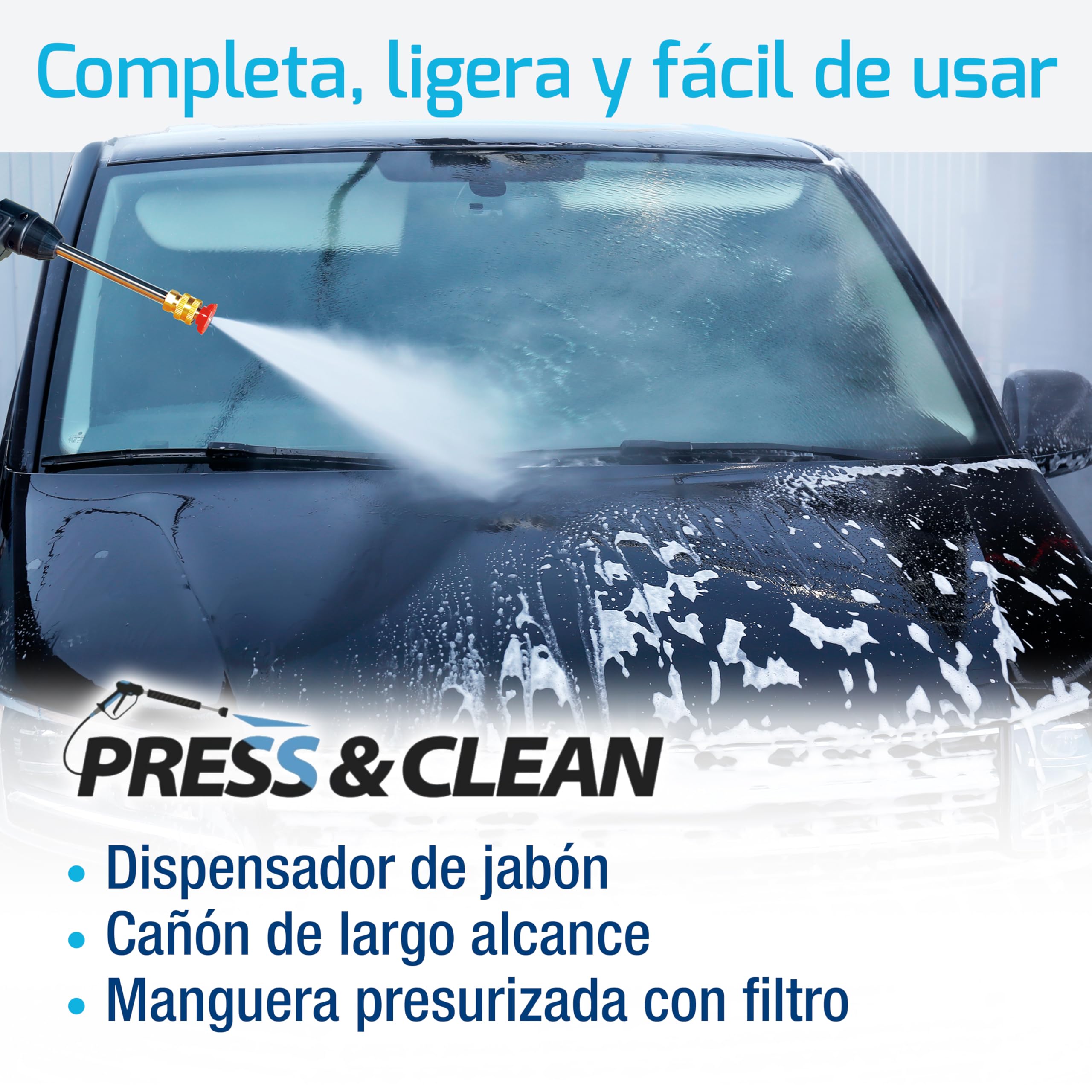 Press & Clean: Pistola de lavado de Alta Presión Portátil Sin Cables, Recargable. Accesorios: Cargador, Manguera presurizada con filtro, Dispensador jabón, Adaptador botellas, 2 Boquillas atomizadoras