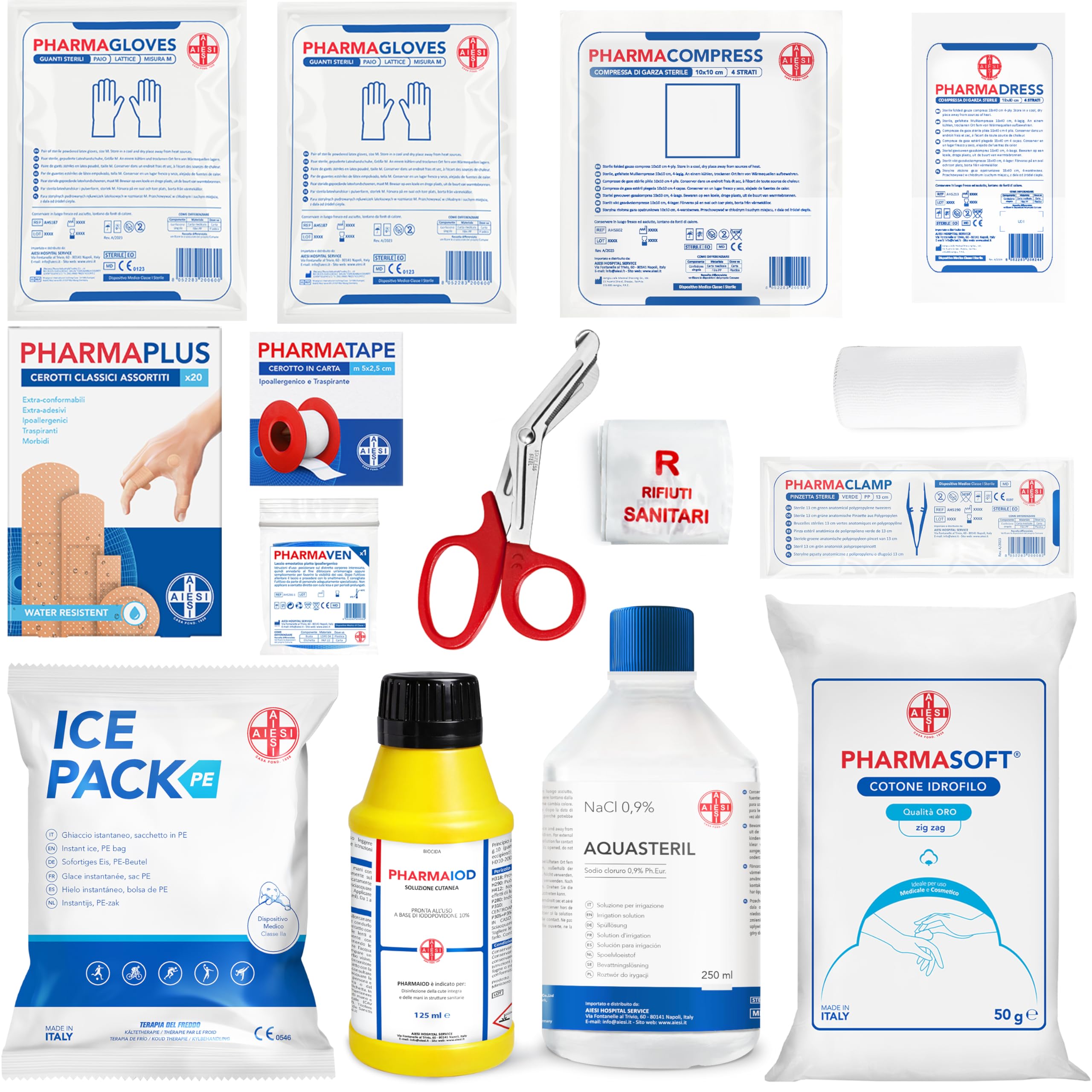 AIESI® kit di reintegro ALLEGATO 2 pacco medicazione per cassetta pronto soccorso aziende meno 3 dipendenti, Conforme DM388/DL81, Made in Italy