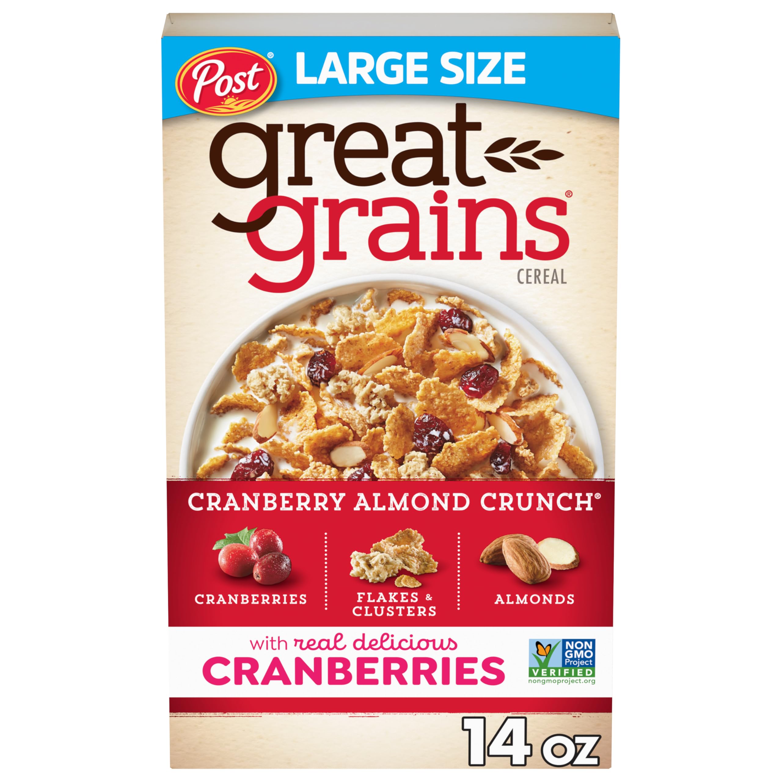 Great Grains Cranberry Almond Crunch Breakfast Cereal for Adults, Dried Cranberries and Almonds, Made with Whole Grain, Non-GMO, Heart Healthy, 14 OZ Box