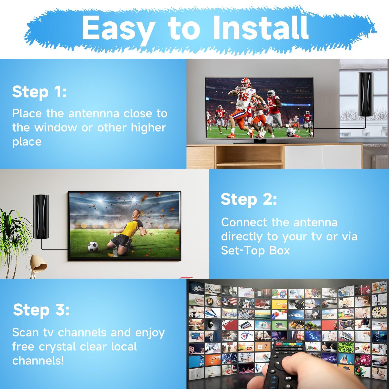 Antena de TV interior de más de 5000 millas, antena digital más fuerte 2026 para Smart TV y televisores antiguos, antena HD de recepción de 360° para canales locales con amplificador de señal