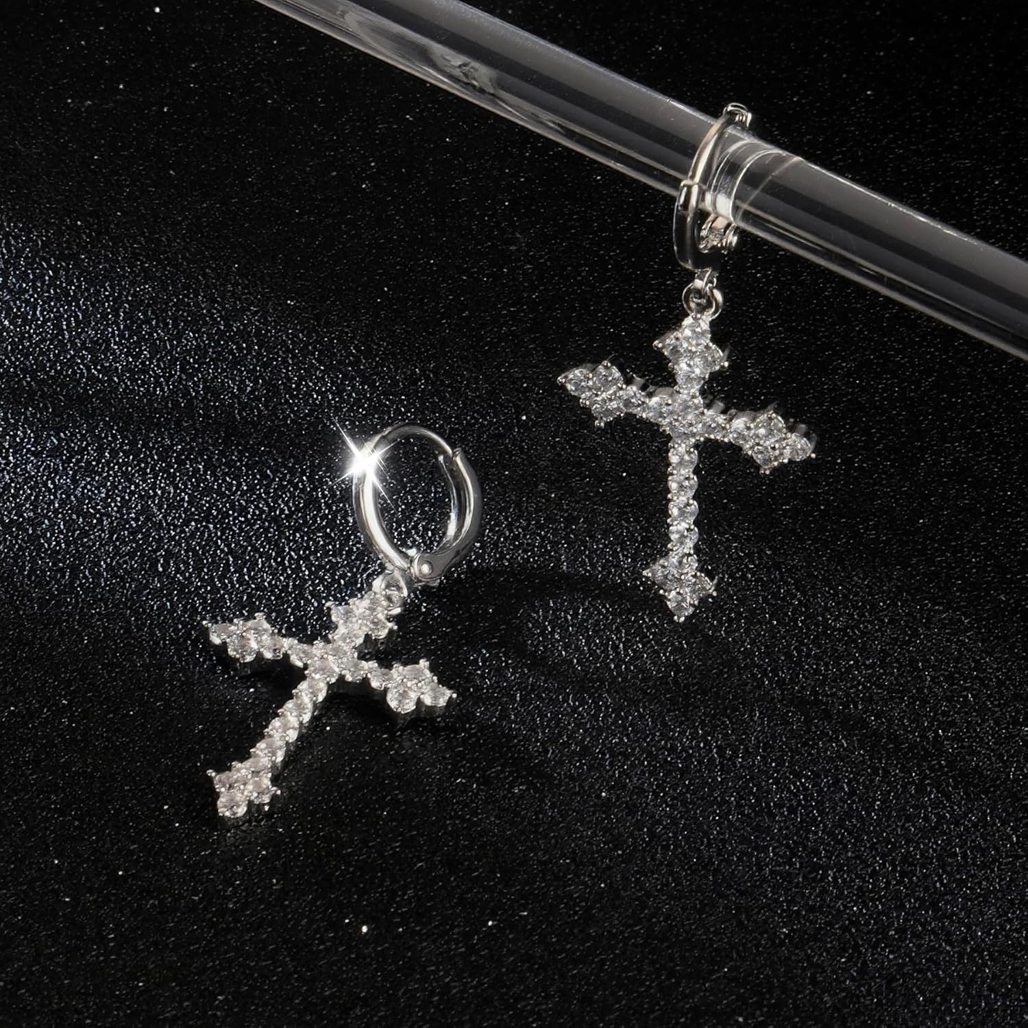 Dangle Cross Hoop Earrings for Women Men 14K Gold Plated Drop Earrings CZ Huggie Hoops Dangling Diamond Cubic Zirconia Earrings - Image 2