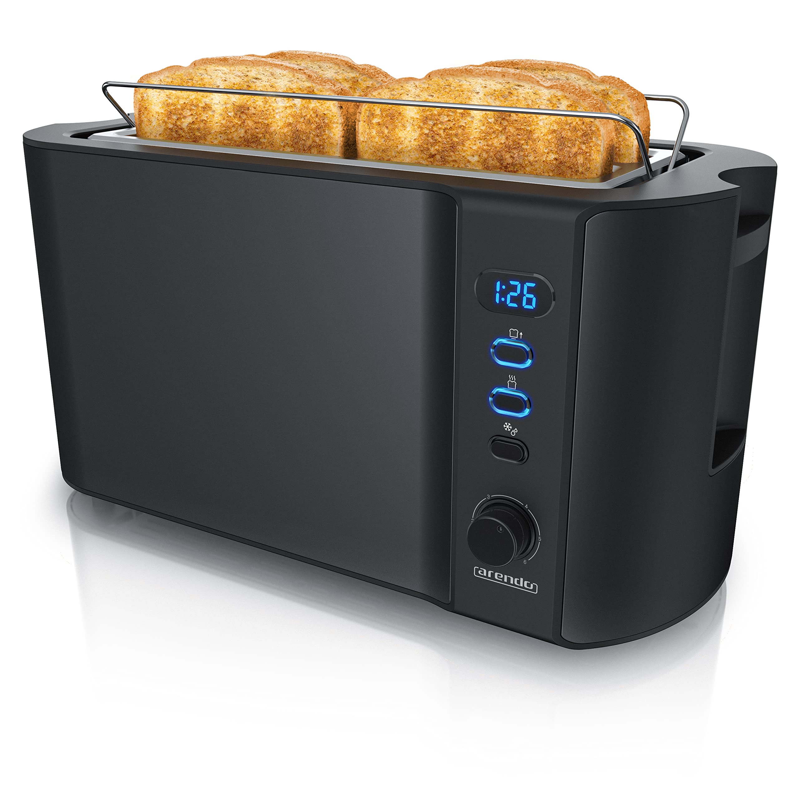 arendoFrukost 4 slice long slot toaster, Double wall housing, with warming rack, 6 Browning settings, auto bread centring, Reheat Defrost Cancel function, Remaining time display