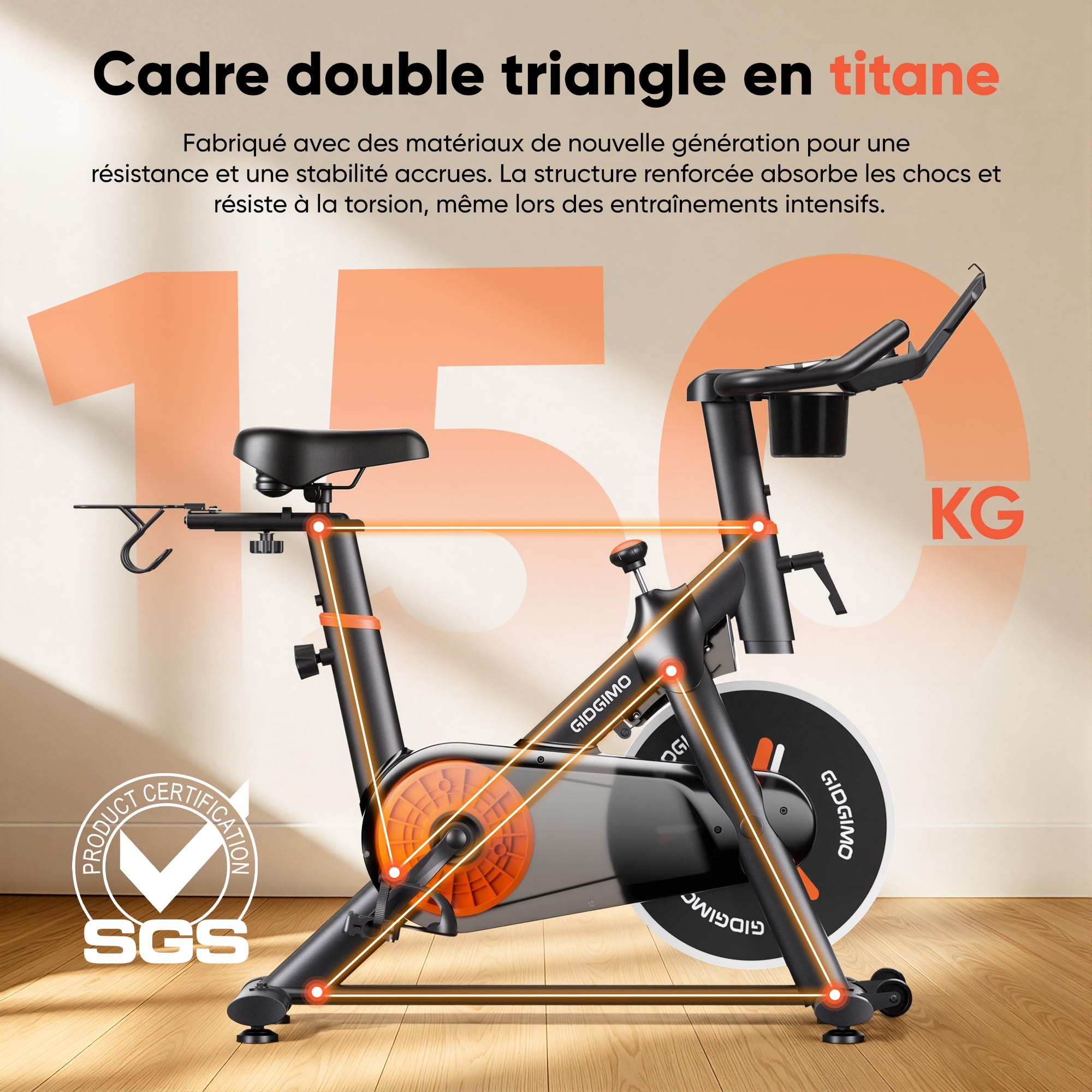 GIDGIMO 2026 Nouveauté Velo d Appartement, Vélo Spinning d’Intérieur Silencieux avec Résistance Réglable, Écran LCD, Selle Respirante, Capteur Cardiaque, Charge Maximale 150 kg