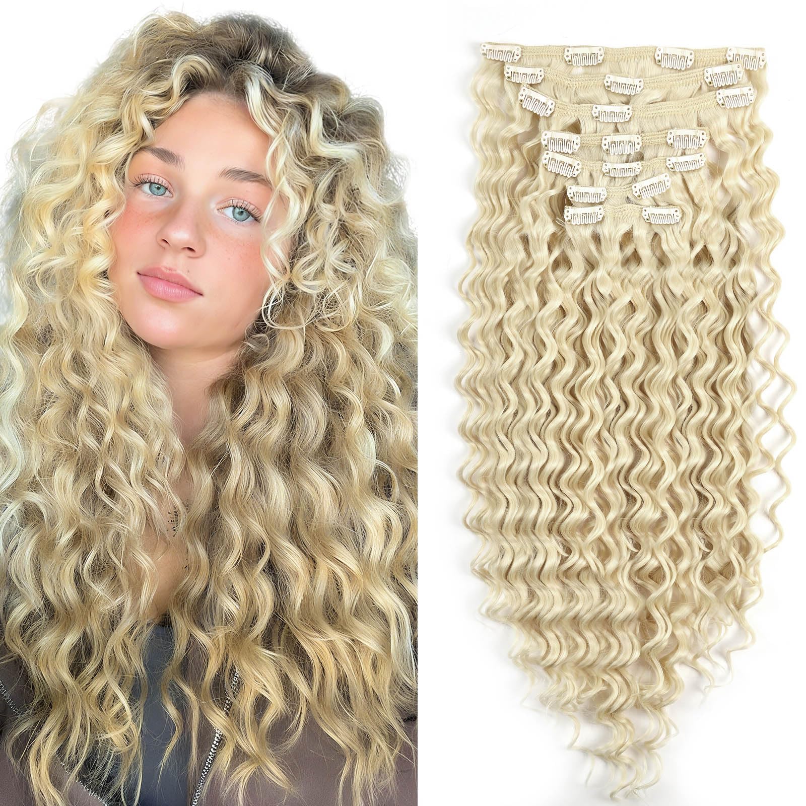 fashion icon hair Clip in Extensions Synthetic hair Clip in 140G 7Pcs/Lot Japanese Heat Resistant Fiber pieces Deep Wave/Body Wave/Straight hair (Deep Wave, Bleach Blonde 613#)