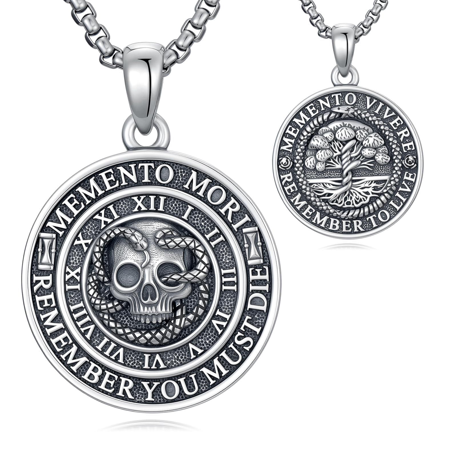 ROMANTICWORK Memento Mori Kette 925 Sterling Silber Skelett/Abalone Muschel/Gothic Punk Skull Memento Mori Anhänger Halskette Gothic Totenkopf Schmuck Geschenk für Herren Männer