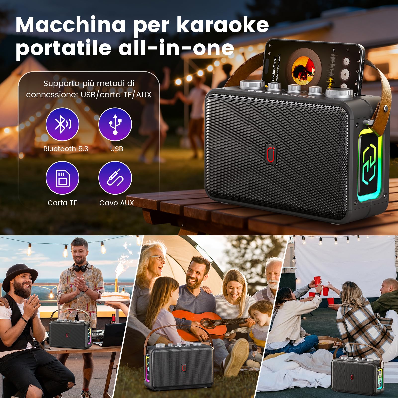 HWWR Macchina per Karaoke con 2 Microfoni, 60W Portatile Bluetooth 5.3 per Adulti, Supporta Ingresso Scheda TF/USB/AUX, Funzione di Registrazione, Ideale per Riunioni di Famiglia