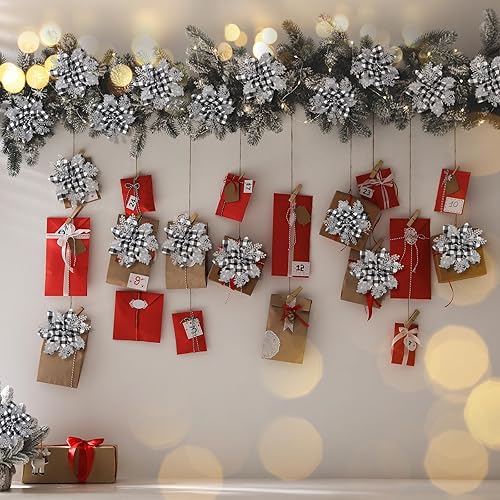 Miniatura 6 de Flores de Pascua artificiales de 5.7 pulgadas con purpurina y clips para árbol de Navidad, decoración de flores de Pascua (búfalo blanco y negro con