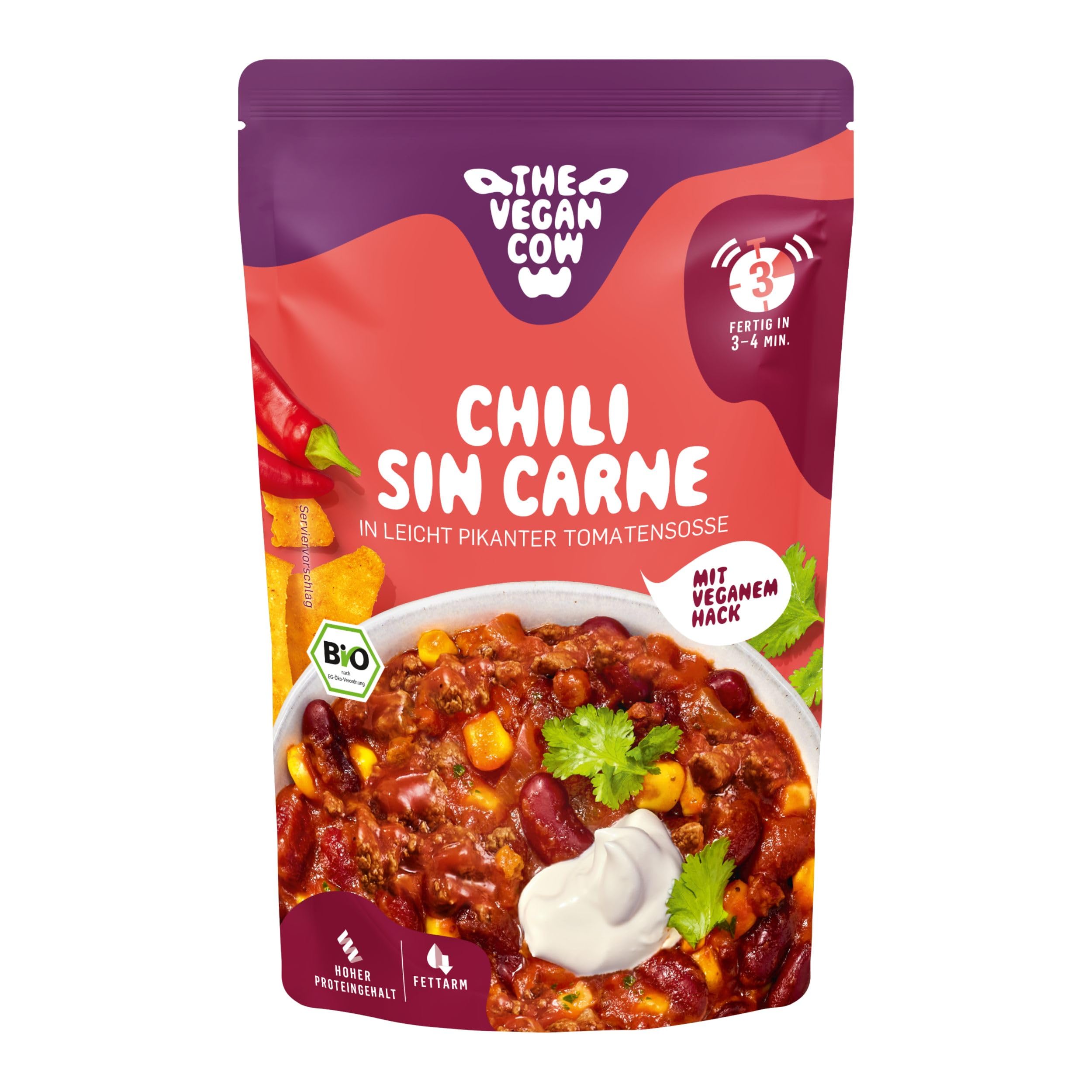 THE VEGAN COW Chili sin Carne Bio-Fertiggericht mit veganem Hack 9x320g proteinreich herzhaft würzig 100% pflanzlich