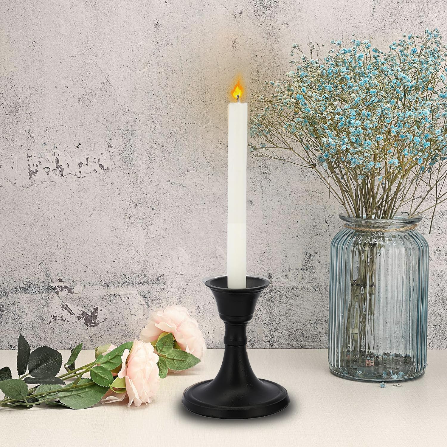 PURESTORY Candle Holder | Candle Holders for Home Decoration | Heat Resistance with Aesthetic Appeal | Best for Gifting & Diwali Decoration | Black Metal Candle Stand | Size - 3.5 Inch | Pack of 2 2