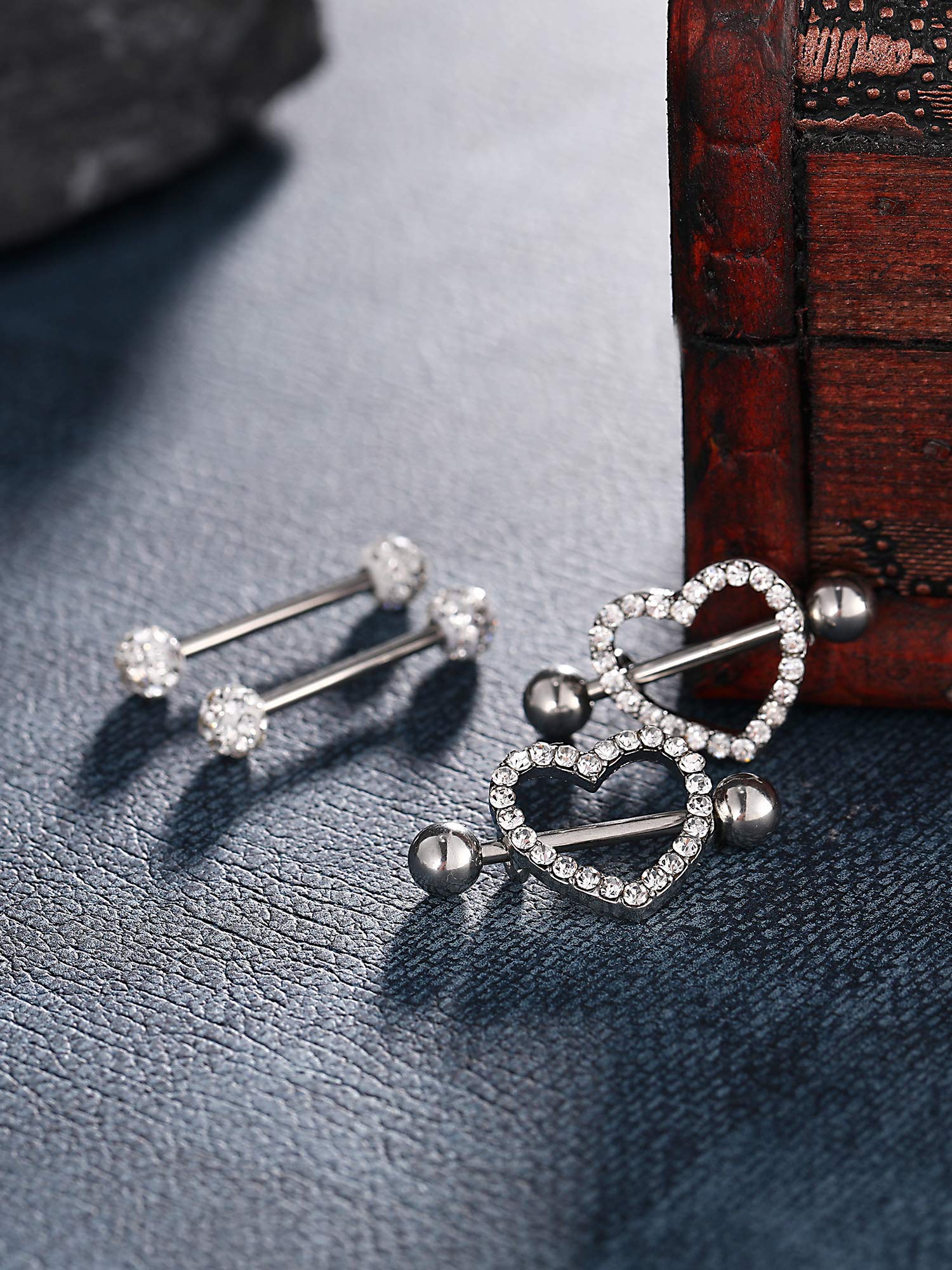 2 pares de anillos de pezón de acero inoxidable con circonita cúbica con diamantes de imitación para pezón, piercing corporal, 14 G, Acero inoxidable y diamantes de imitación 5