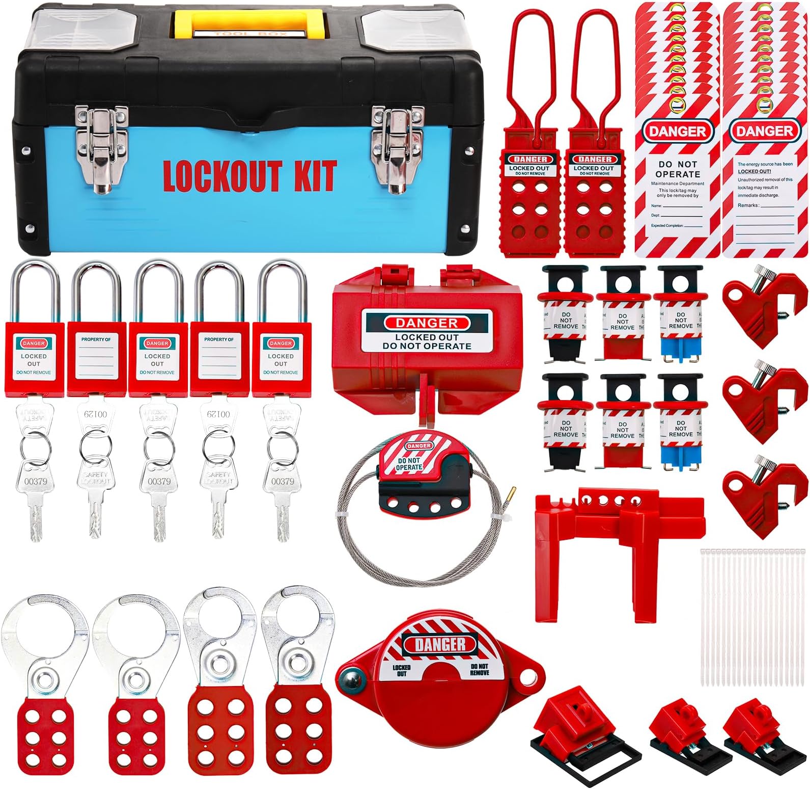 WUWEOT Lockout Tagging Kit, Electrical Safety Kit Includes Clamping Switch Lock, Padlocks, Hasps, Plug Lock, Cable Lock, Ball Valve Lock, Box