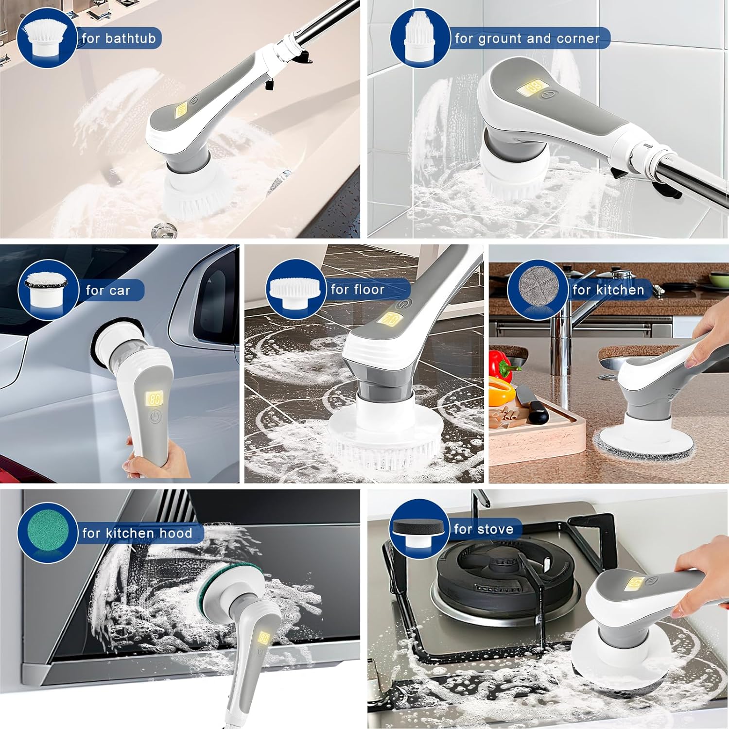 Electric Spin Scrubber, 2023 New Cordless Electric Shower Scrubber with 7 Replaceable Brush Heads & 3 Adjustable Extension Handles, IPX8 Waterproof High Speed Power Cleaning Brush for Bahroom, Kitchen