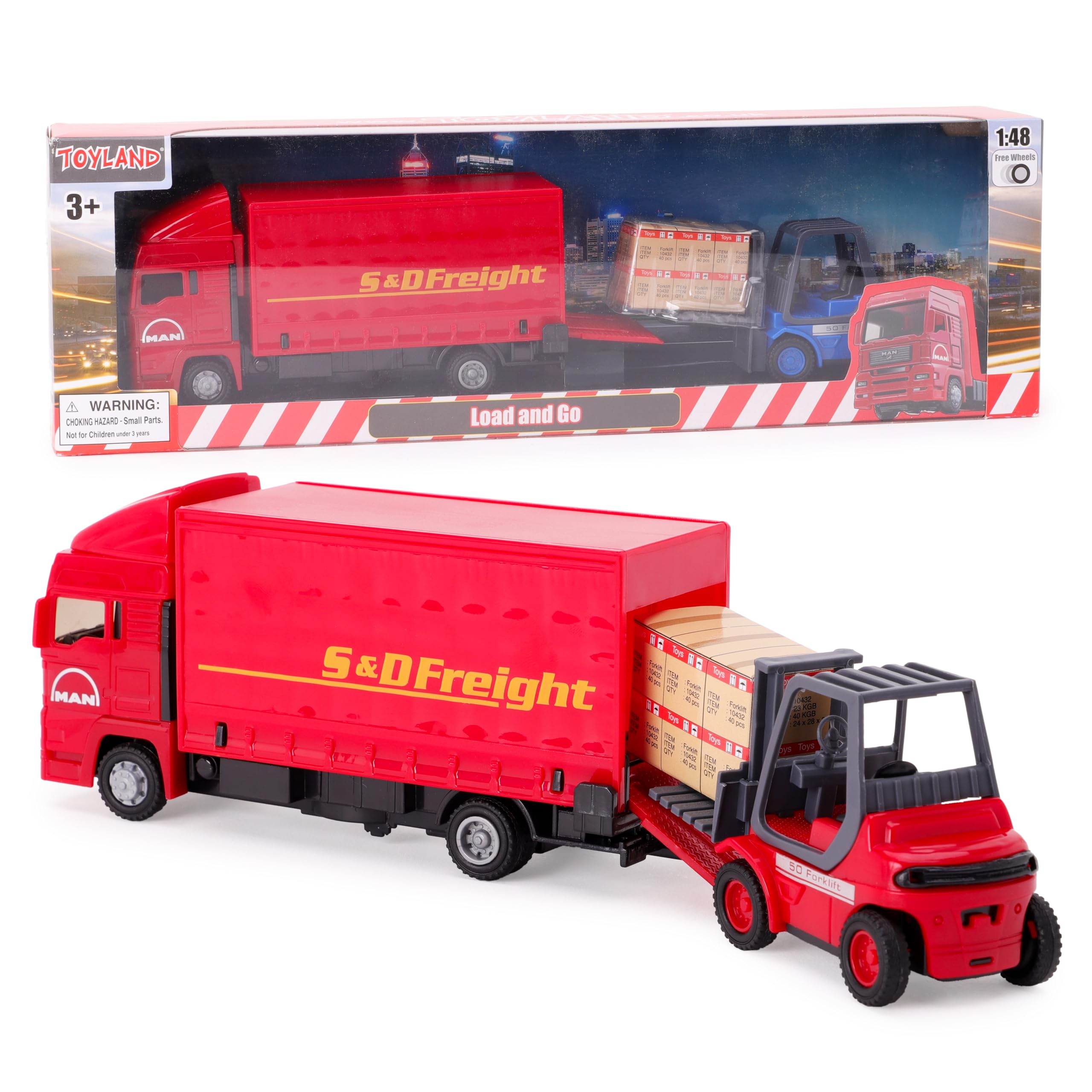 Toyland®- 15cm(6") Red MAN Freight Truck And Forklift - Transport Goods -Load And Go - 1:48 Scale - Kids Toy